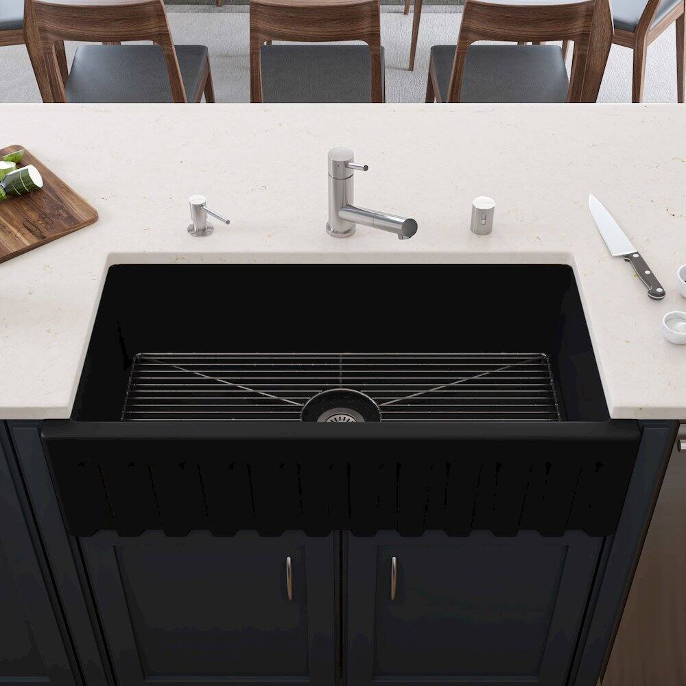 Alt View 1. Alfi - 36" Black Matte Reversible Smooth / Fluted Single Bowl Fireclay Farm Sink - Black.