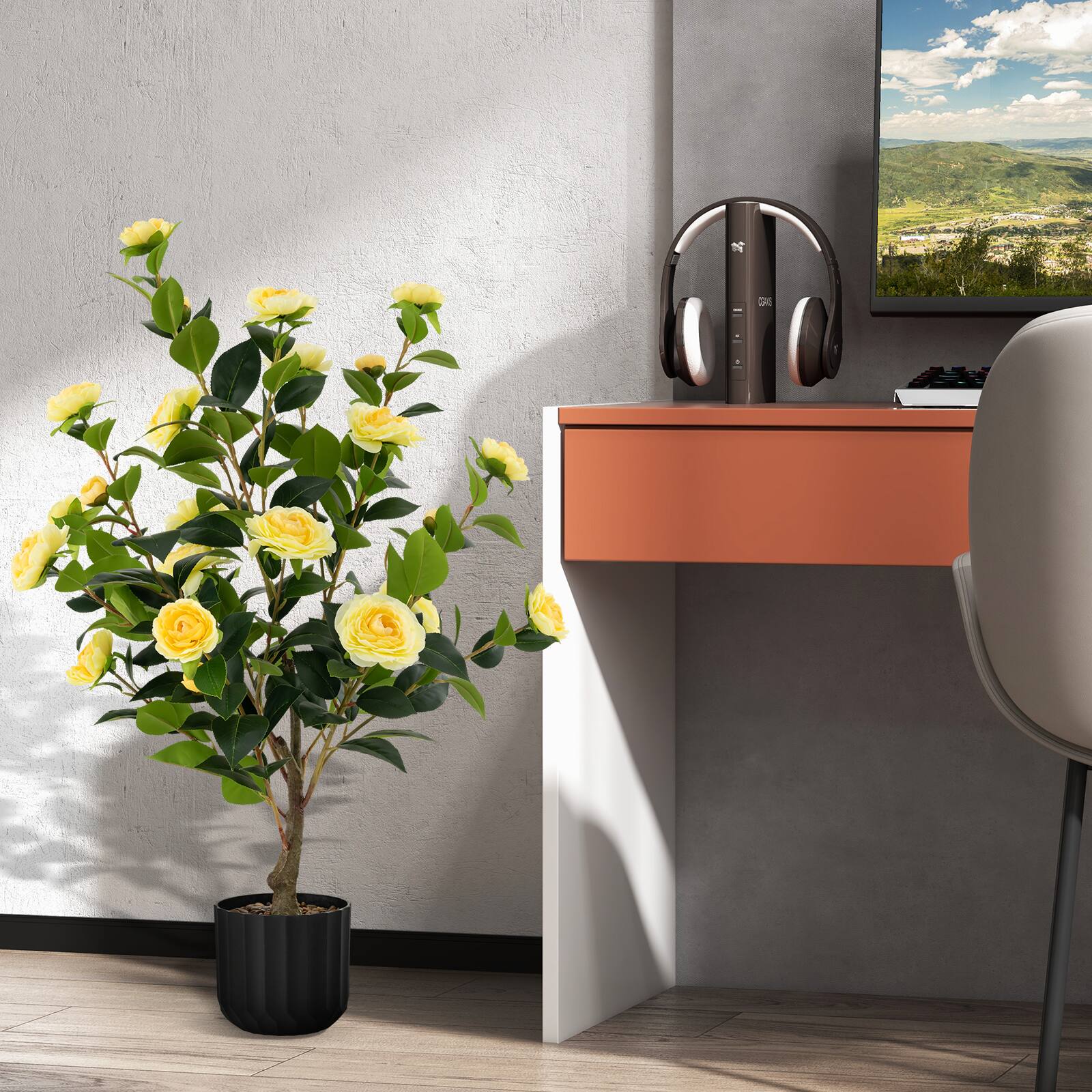 Alt View 1. Costway - Costway 1 PCS 38" Artificial Camellia Tree Faux Floral Plant Fake Tree for Decoration - Yellow.