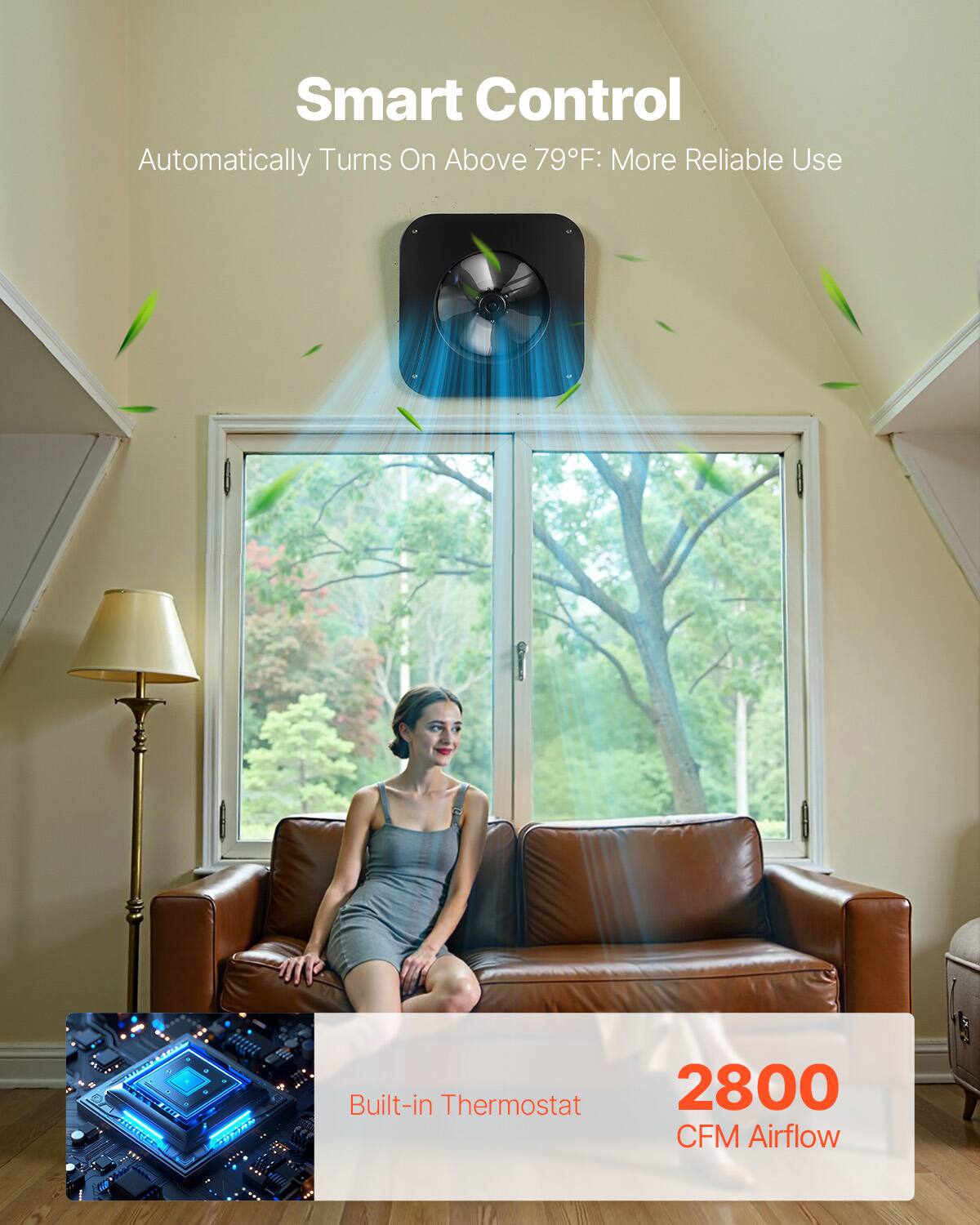 Smart Control  
Automatically Turns On Above 79°F: More Reliable Use  

Built-in Thermostat  
2800 CFM Airflow