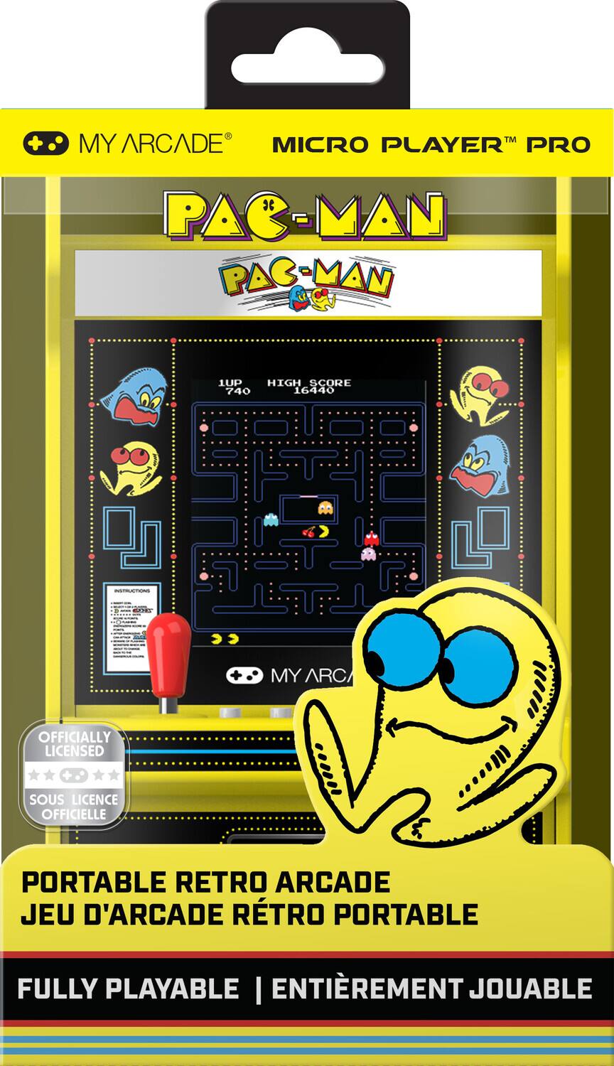 MY ARCADE MICRO PLAYER™ PRO  
PAC-MAN  

1UP HIGH SCORE  
740 16440  

OFFICIALLY LICENSED  
SOUIS LICENCE OFFICIELLE  

PORTABLE RETRO ARCADE  
JEU D'ARCADE RÉTRO PORTABLE  

FULLY PLAYABLE  
ENTIÈREMENT JOUABLE
