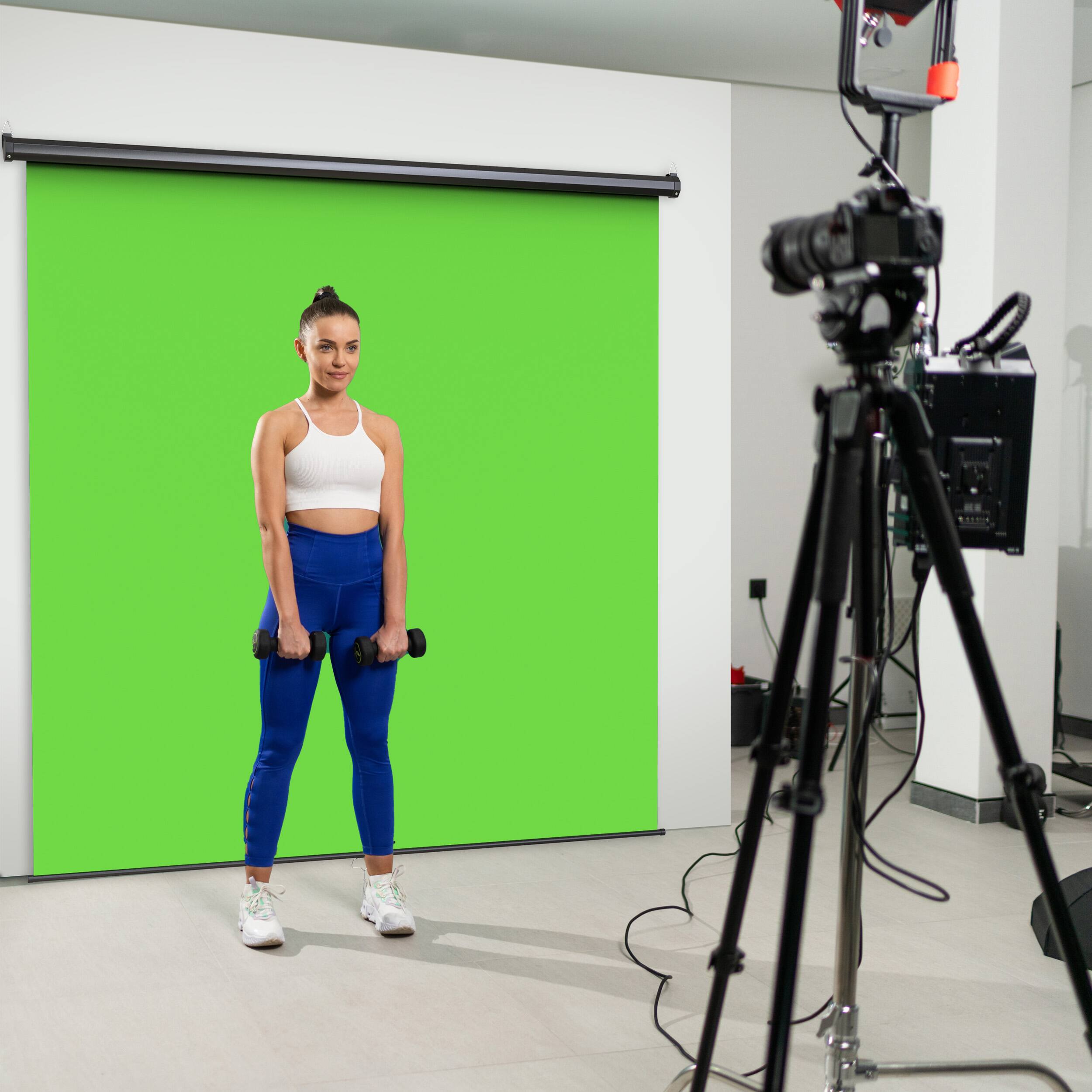 Angle. KHOMO GEAR - Green Screen 84 x 84 in – XL Pull-Down Backdrop with Black Case for Streaming & Photo/Video Use.