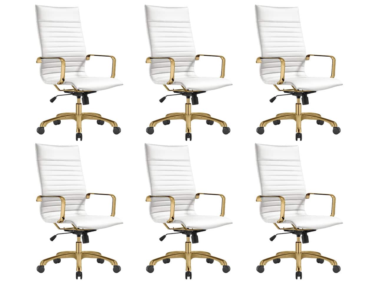 LeisureMod - Set of 6 Harris High-Back Leather Upholstered Office Task Chair with Gold Steel Frame and Swivel - White