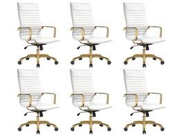 LeisureMod - Set of 6 Harris High-Back Leather Upholstered Office Task Chair with Gold Steel Frame and Swivel - White