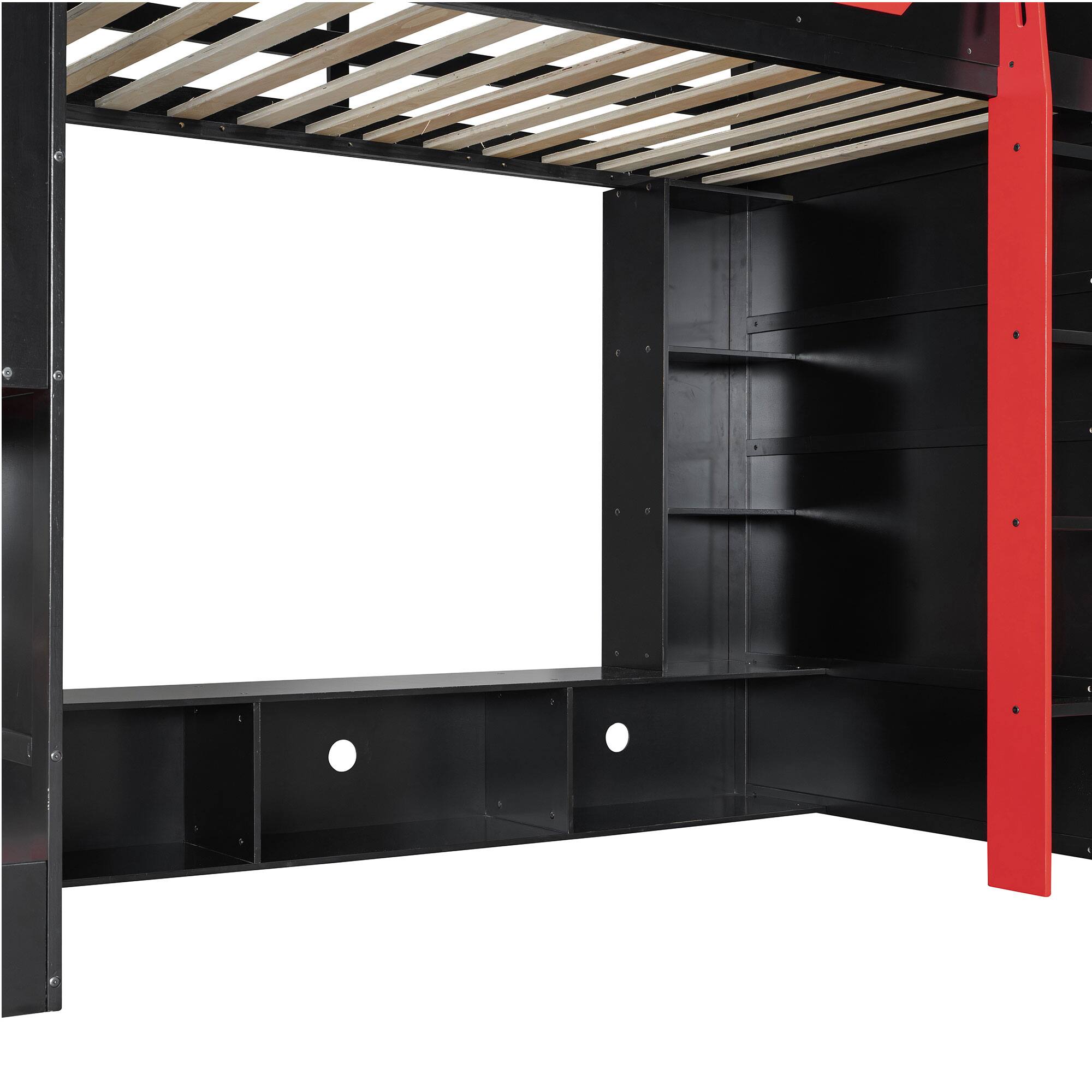 Alt View 4. Anysun - Twin Size Wood Loft Bed with Desk, Multi-storage Shelves and RGB Light - Red.