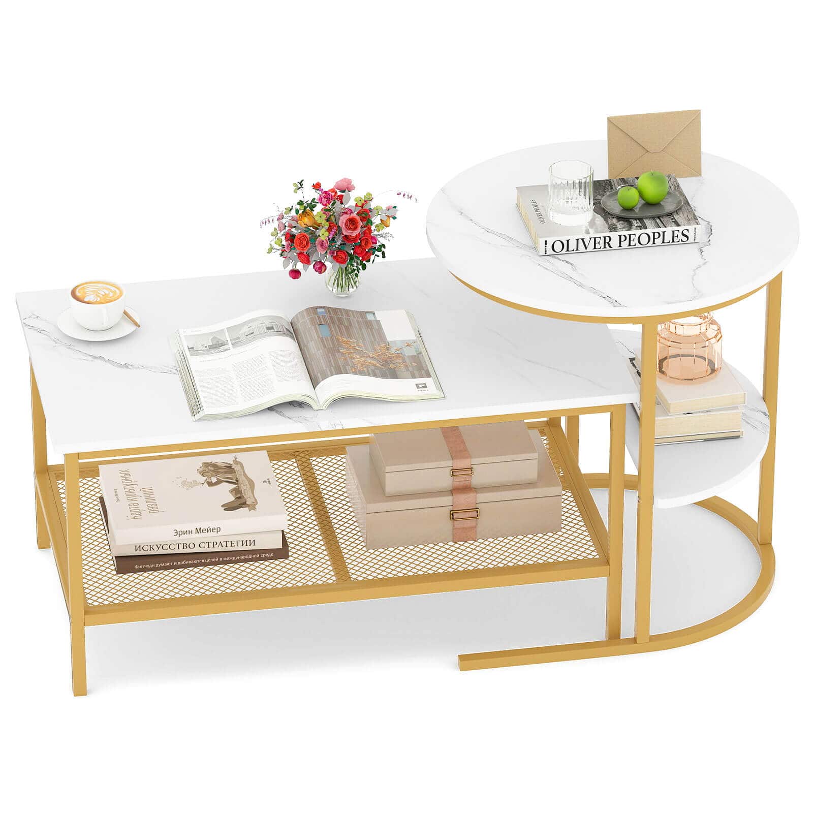 Costway - Coffee Table Set of 2, 2-Tier Coffee Table and Side End Table with Storage Shelves - White & Gold