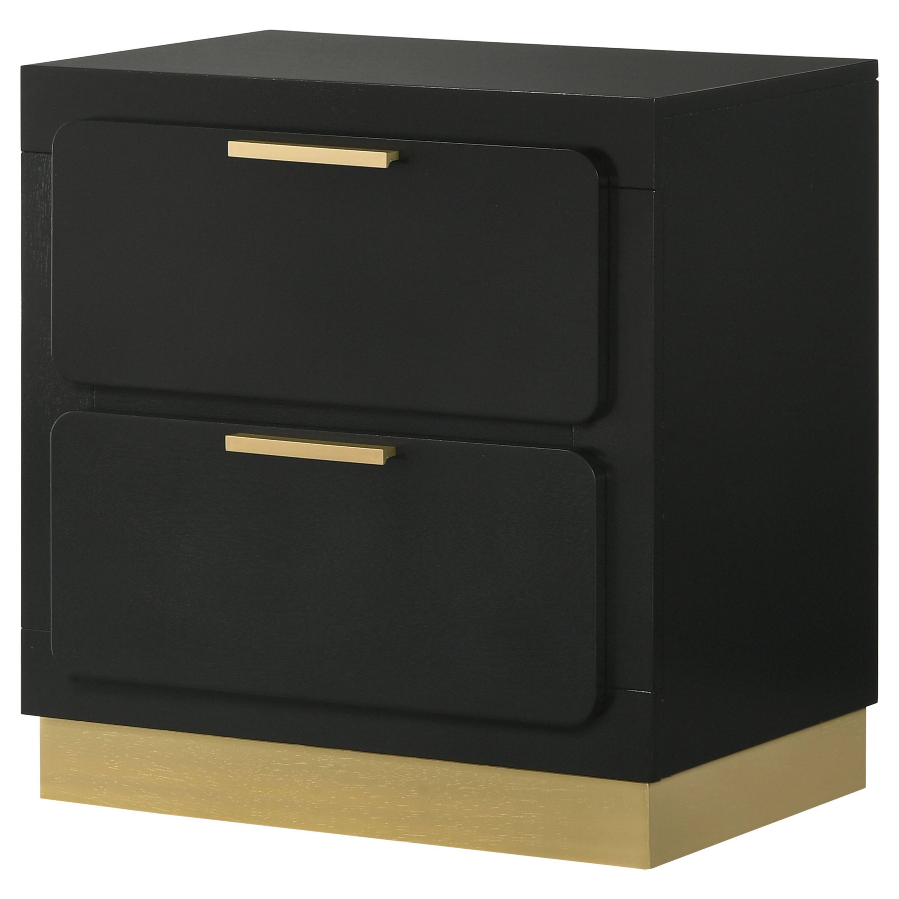 Alt View 1. Manhattan Lane - Caer Nightstand, 2 Drawers,  Accent Recessed Base, Bar Handles, - Black, Gold.