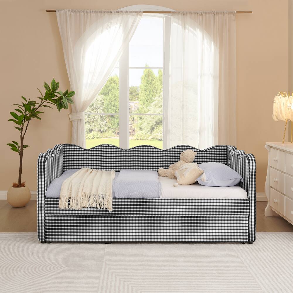Alt View 2. JUJABU - Black Cozy Gingham Daybed with Twin Size Trundle No Box Spring Needed, with USB Port and Adorable Wave Shaped - Black.