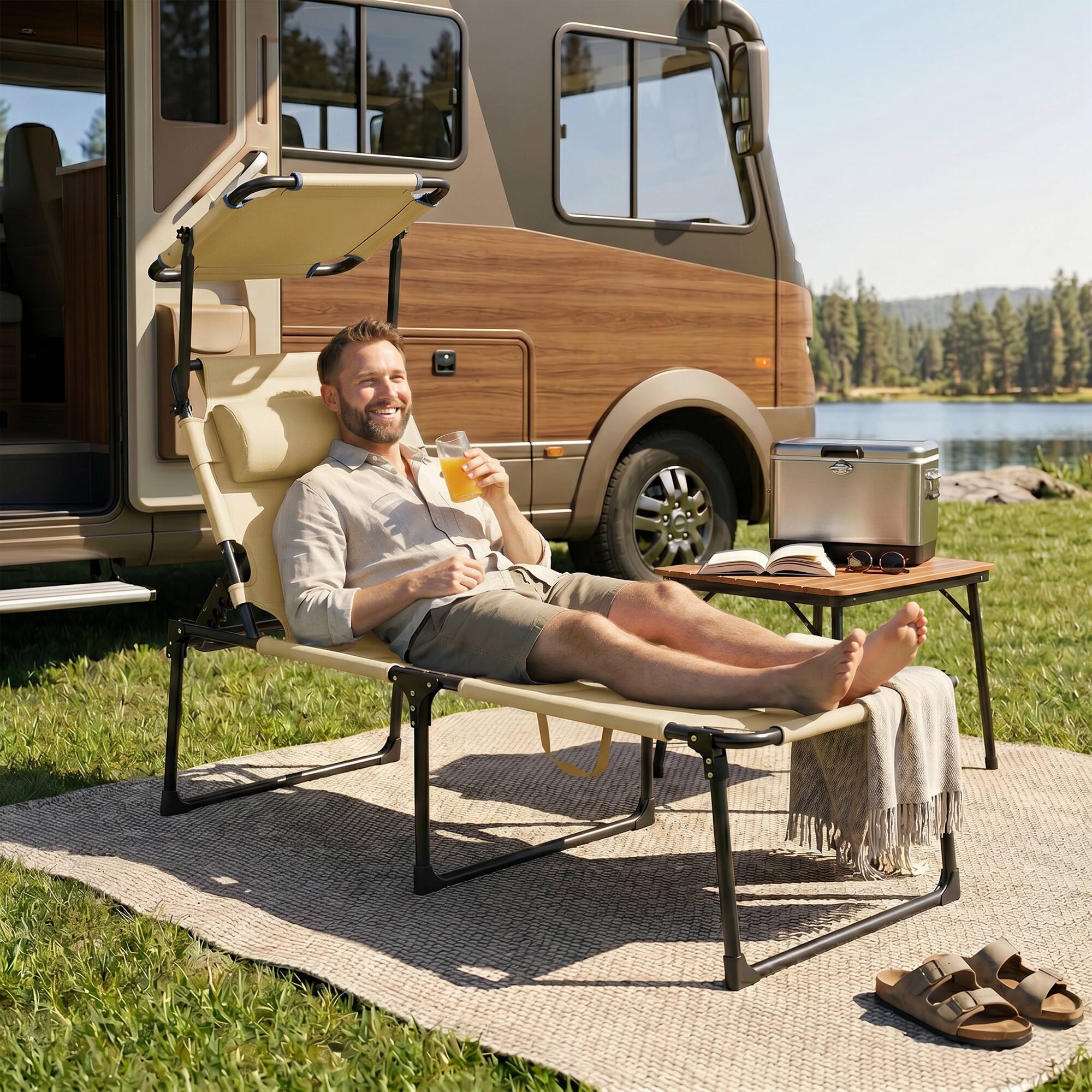 Alt View 6. Outsunny - Lounge Chair, 4 Position Adjustable Backrest, Folding, Cushioned w/ Sun Shade Roof & Pillow - Cream White.