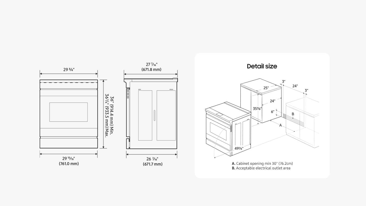 The text on the image is grouped and corrected as follows:
1. 29 3/4" 27 7/16" (671.8 mm) Detail size: 363/4* .95 (933.5 (914.4 mm) mm) Max. Min.
2. 25" 24" 357 6 3" A 24" B 3" 4914" 29 15/16" (761.0 mm) 26 7/16" (671.7 mm)
3. A. Cabinet opening min 30 (76.2cm) . Acceptable electrical outlet area