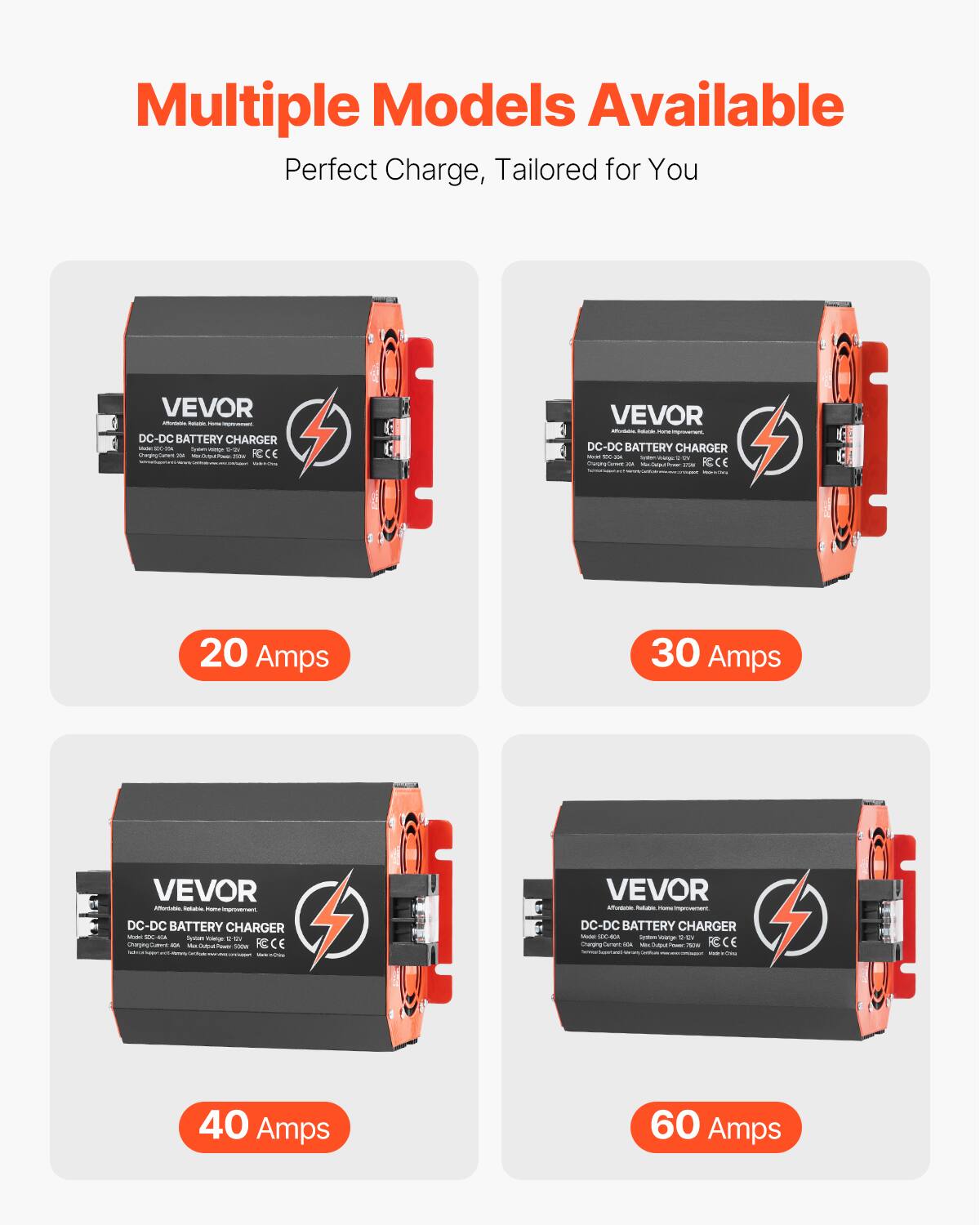 Multiple Models Available  
Perfect Charge, Tailored for You  

VEVOR  
DC-DC BATTERY CHARGER  
Model: DC-DC 20A  
System Voltage: 12V  
Charging Current: 20A  
Max Output Power: 240W  

20 Amps  

VEVOR  
DC-DC BATTERY CHARGER  
Model: DC-DC 30A  
System Voltage: 12V  
Charging Current: 30A  
Max Output Power: 360W  

30 Amps  

VEVOR  
DC-DC BATTERY CHARGER  
Model: DC-DC 40A  
System Voltage: 12V  
Charging Current: 40A  
Max Output Power: 480W  

40 Amps  

VEVOR  
DC-DC BATTERY CHARGER  
Model: DC-DC 60A  
System Voltage: 12V  
Charging Current: 60A  
Max Output Power: 720W  

60 Amps