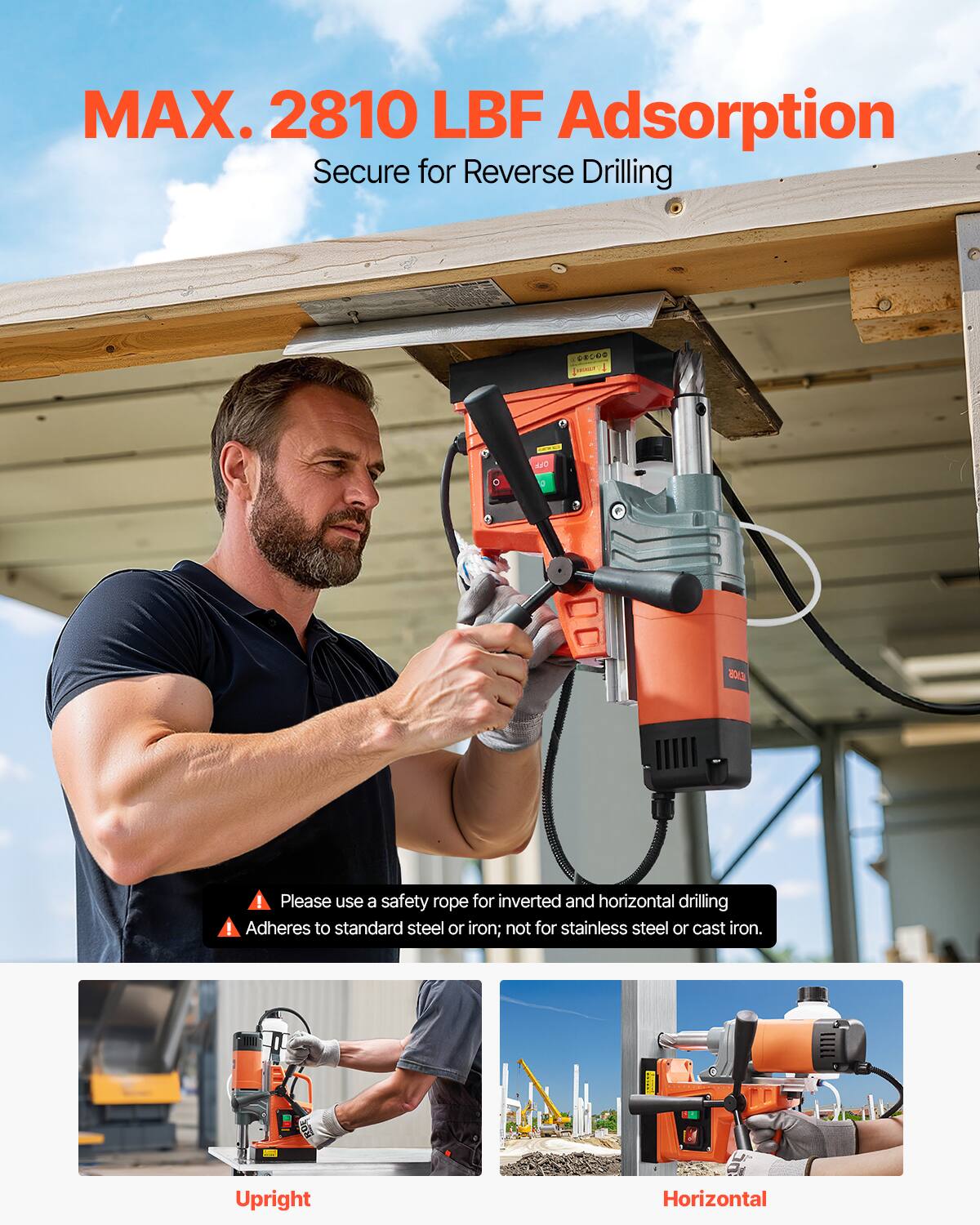 MAX. 2810 LBF Adsorption  
Secure for Reverse Drilling

Please use a safety rope for inverted and horizontal drilling!  
Adheres to standard steel or iron; not for stainless steel or cast iron.

Upright  
Horizontal