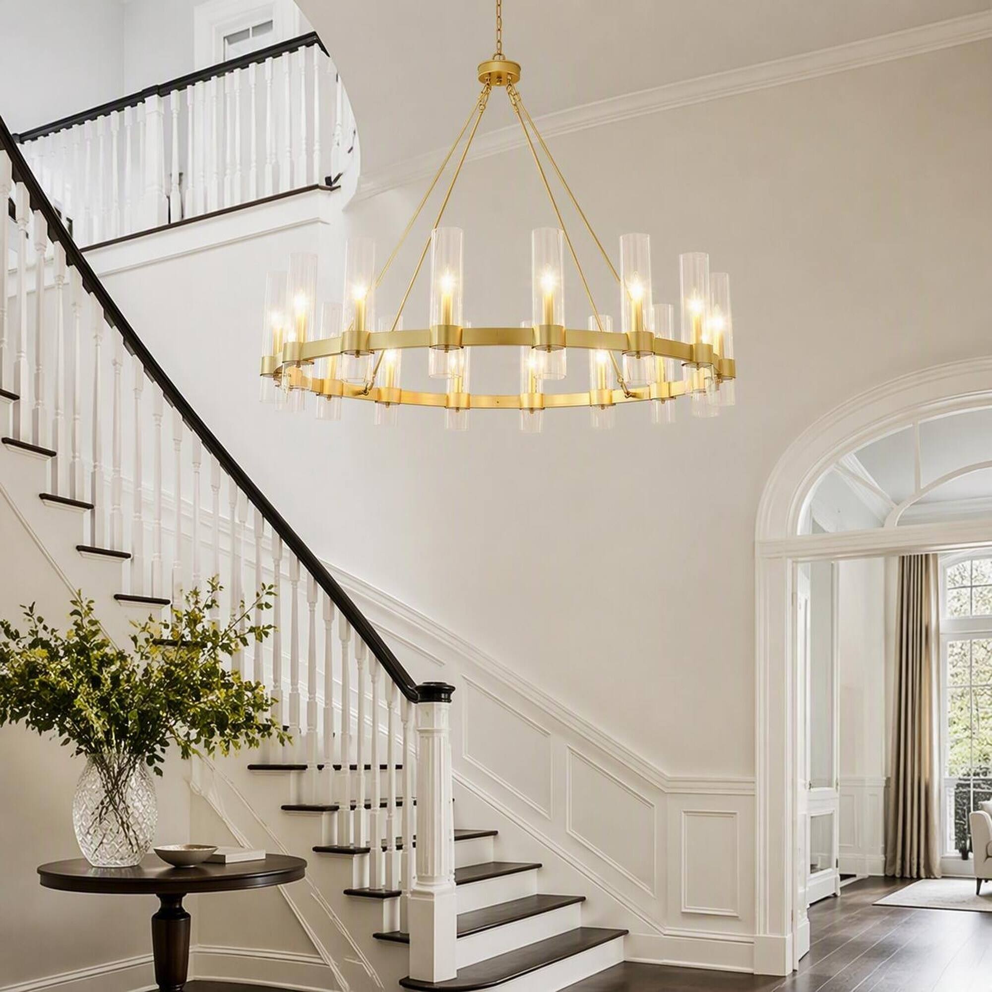 Back. RYHNUYNE - 47.24-Inch Gold Wagon Wheel Chandelier with 16 Lights, Seeded Glass Shades, Adjustable Chain for Dining Room.