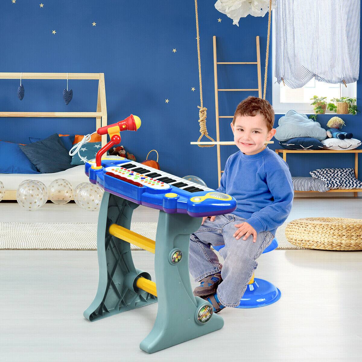 Alt View 3. Gymax - Gymax 37 Key Electronic Keyboard Kids Toy Piano MP3 Input w/ Microphone & Stool Blue - blue.