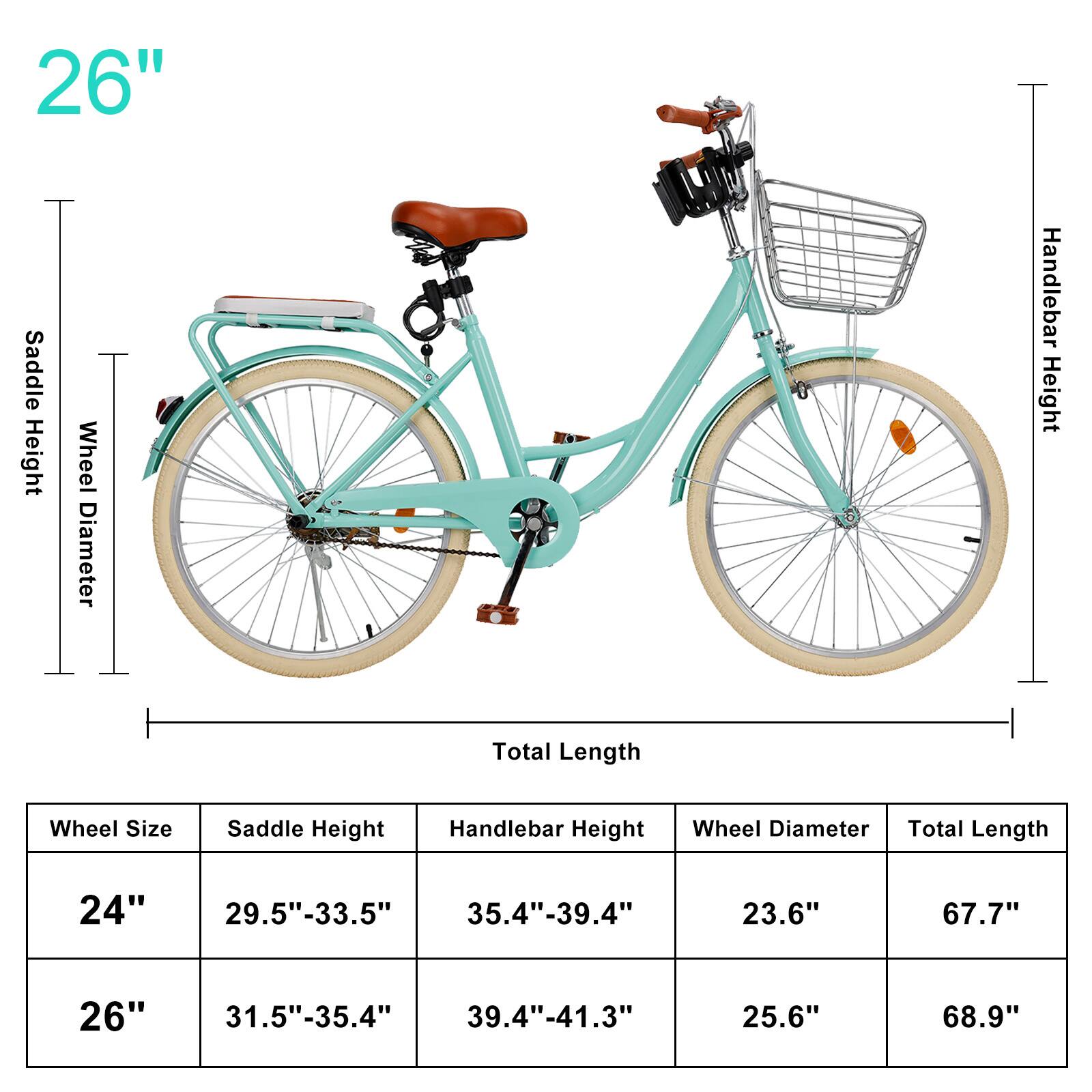 Sure, here is the corrected and grouped text:

---

**26"**

- **Wheel Size:** 26"
- **Saddle Height:** 31.5"-35.4"
- **Handlebar Height:** 39.4"-41.3"
- **Wheel Diameter:** 25.6"
- **Total Length:** 68.9"

---

**24"**

- **Wheel Size:** 24"
- **Saddle Height:** 29.5"-33.5"
- **Handlebar Height:** 35.4"-39.4"
- **Wheel Diameter:** 23.6"
- **Total Length:** 67.7"

---