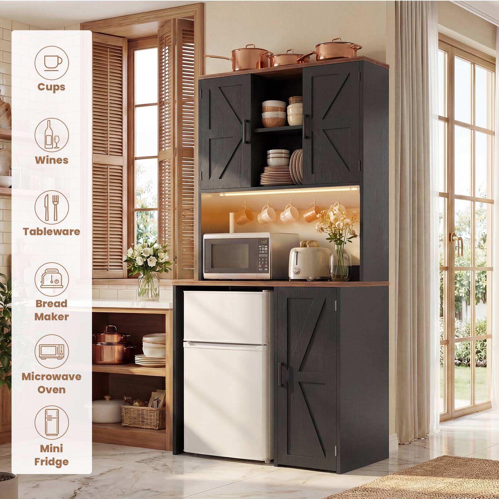 Cups  
Wines  
Tableware  
Bread Maker  
Microwave Oven  
Mini Fridge