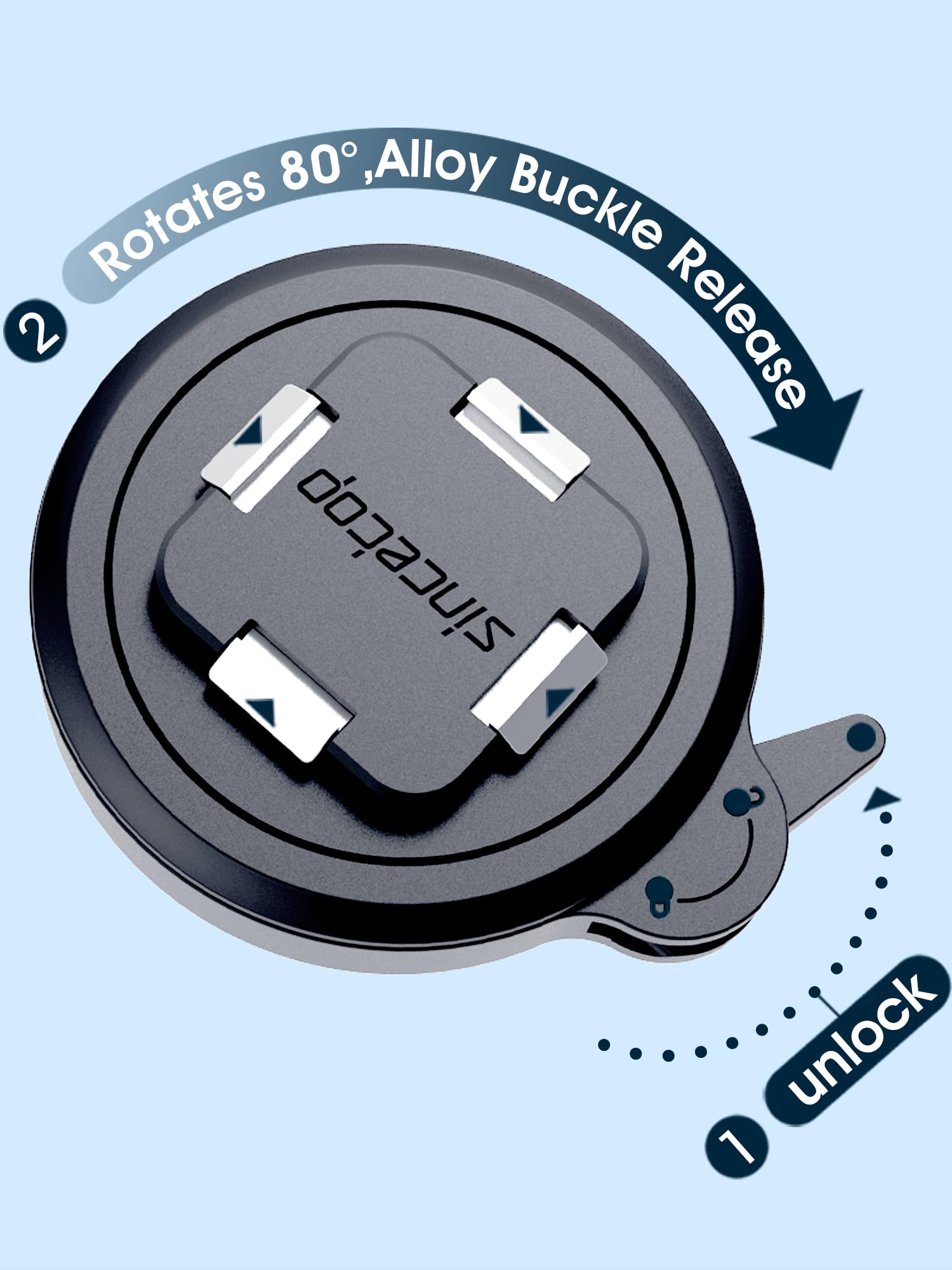 1. Unlock  
2. Rotates 80°, Alloy Buckle Release