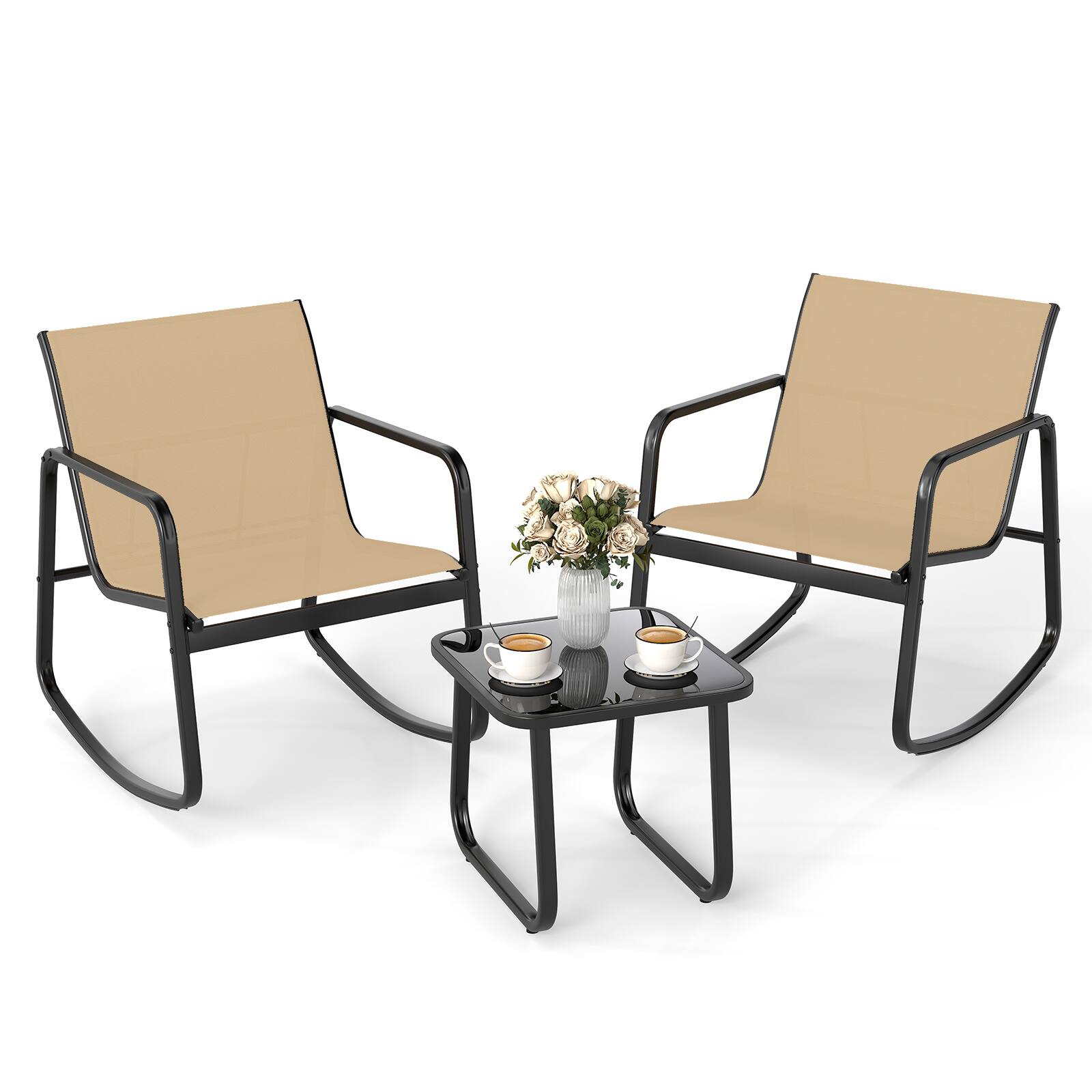 Alt View 1. Costway - Costway 3 Piece Patio Rocking Set 2 Rocking Bistro Chairs & Glass-Top Table for Porch - Black & Brown.