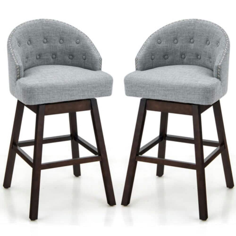 Pefilos - Set of 2 360° Swivel Bar Stools with Rubber Wood Legs and Padded Back- Bar Height Stools, Counter Height Bar Stools - Gray