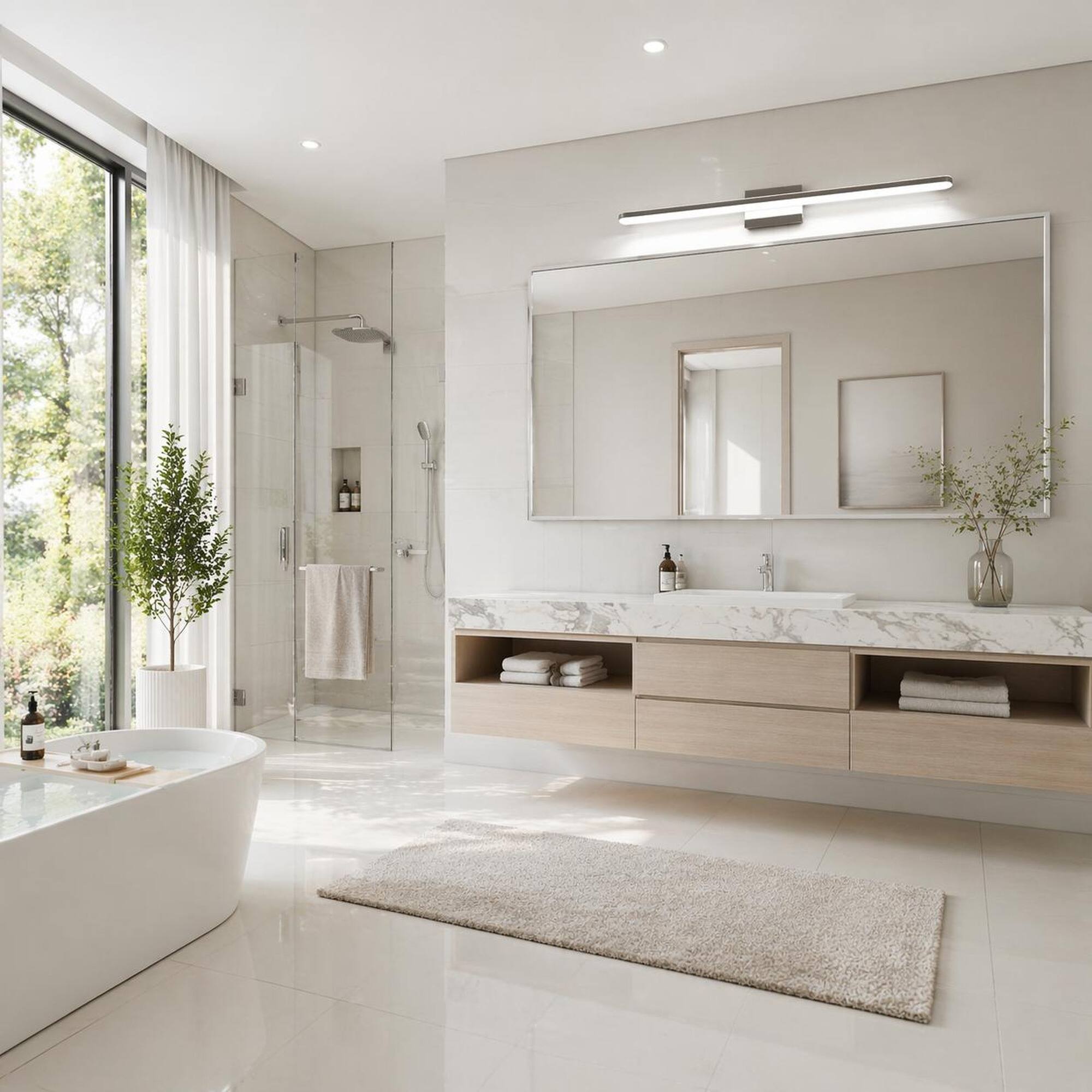 Left. RYHNUYNE - Modern 39-Inch Chrome LED Vanity Light for Bathroom, 24W 6000K Daylight, Dimmable Over-Mirror Fixture.