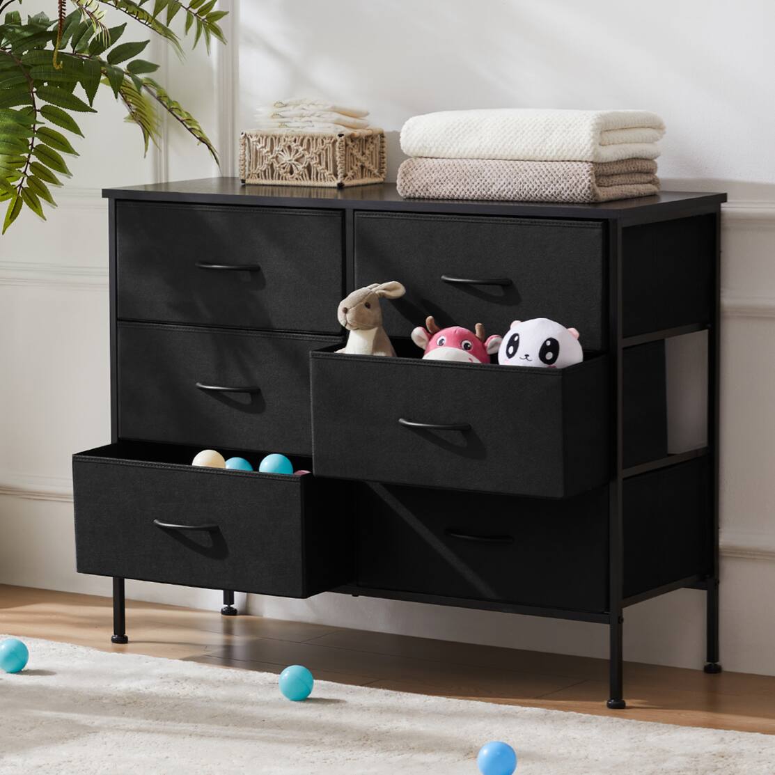Front. AENKYO - 6 Drawer Dresser for Bedroom Storage Tower, Wide Organizer for Clothes - Black.