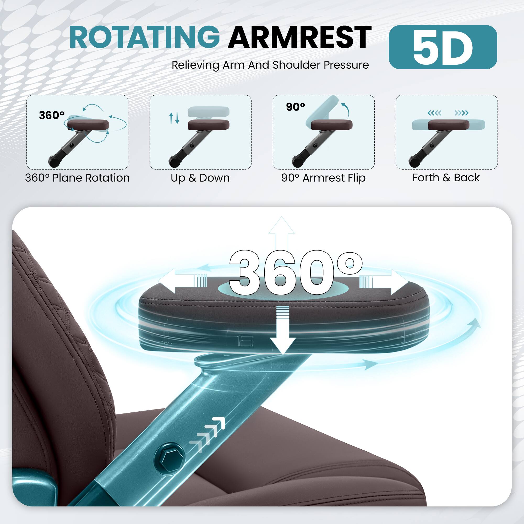ROTATING ARMREST  
5D  
Relieving Arm And Shoulder Pressure  

- 360° Plane Rotation  
- Up & Down  
- 90° Armrest Flip  
- Forth & Back  
- 360°