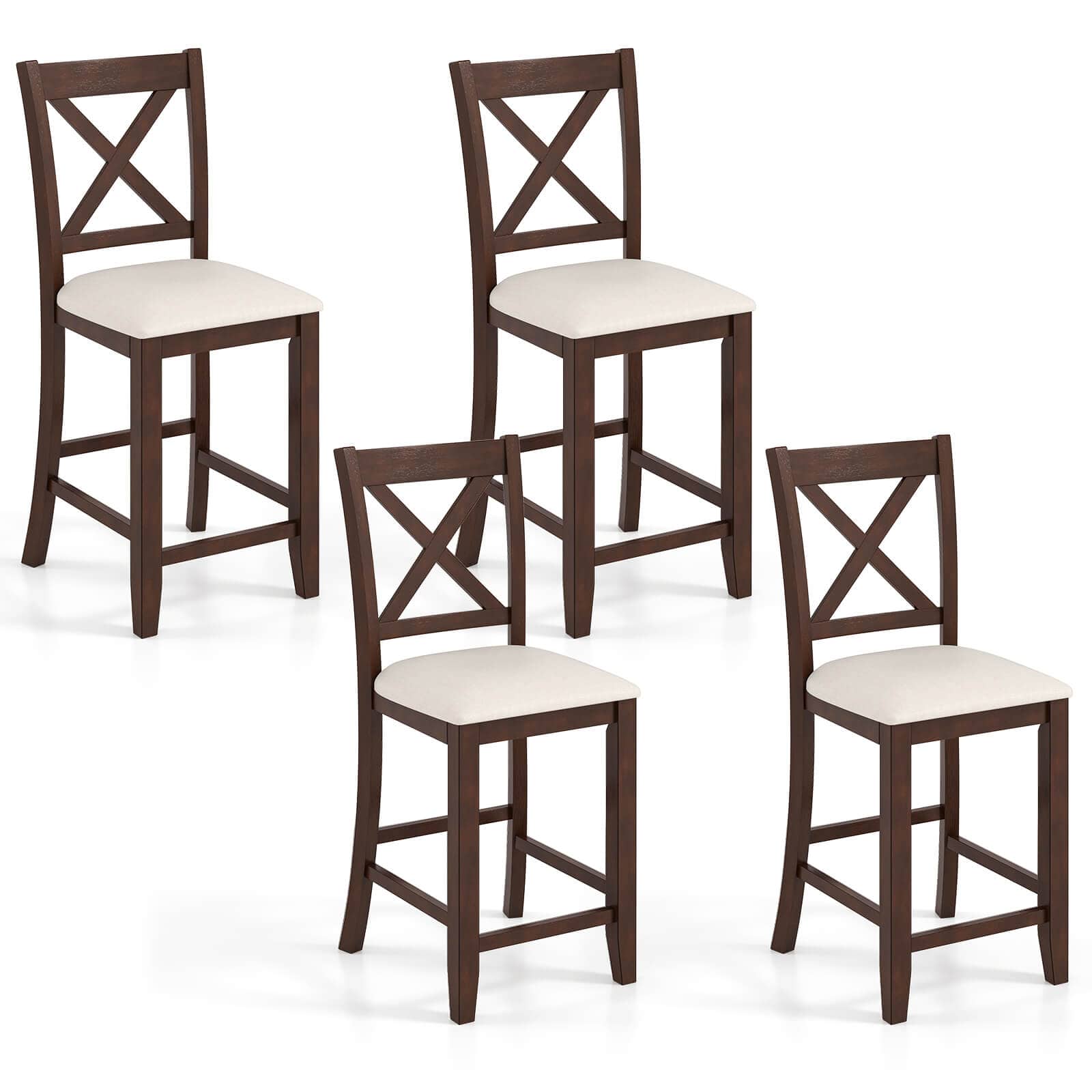 Costway - Rubber Wooden Bar Stools Set of 4 with Footrest Comfortable Linen Cushion - Walnut,Gray