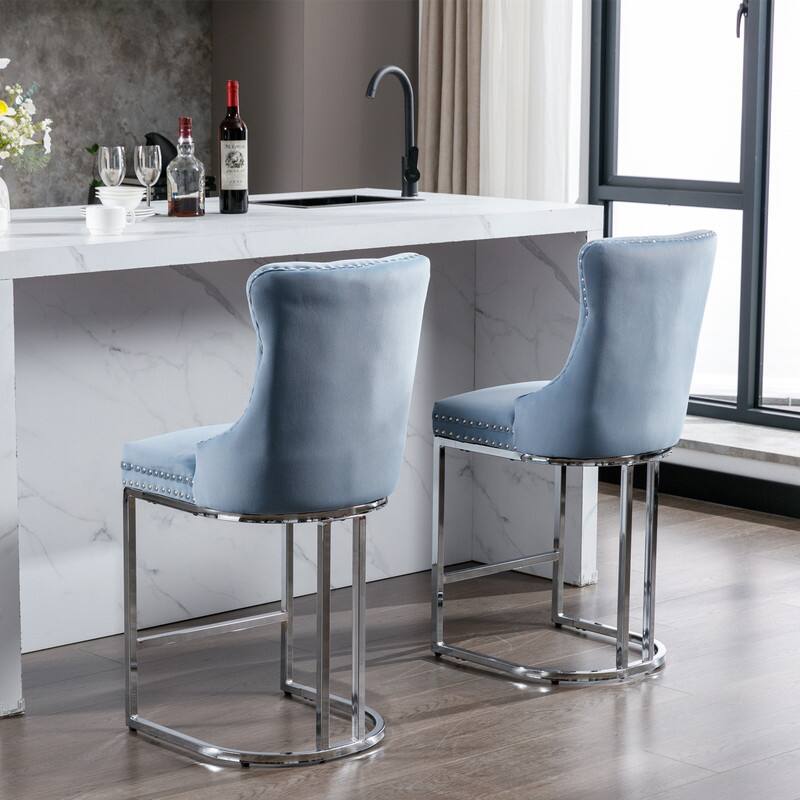 Alt View 5. HTUTWOO - 25" Counter Height Bar Stools Set of 2, Velvet Upholstered with Button Back & Rivet Trim, for Kitchen Island & Home Bar - Light Blue.