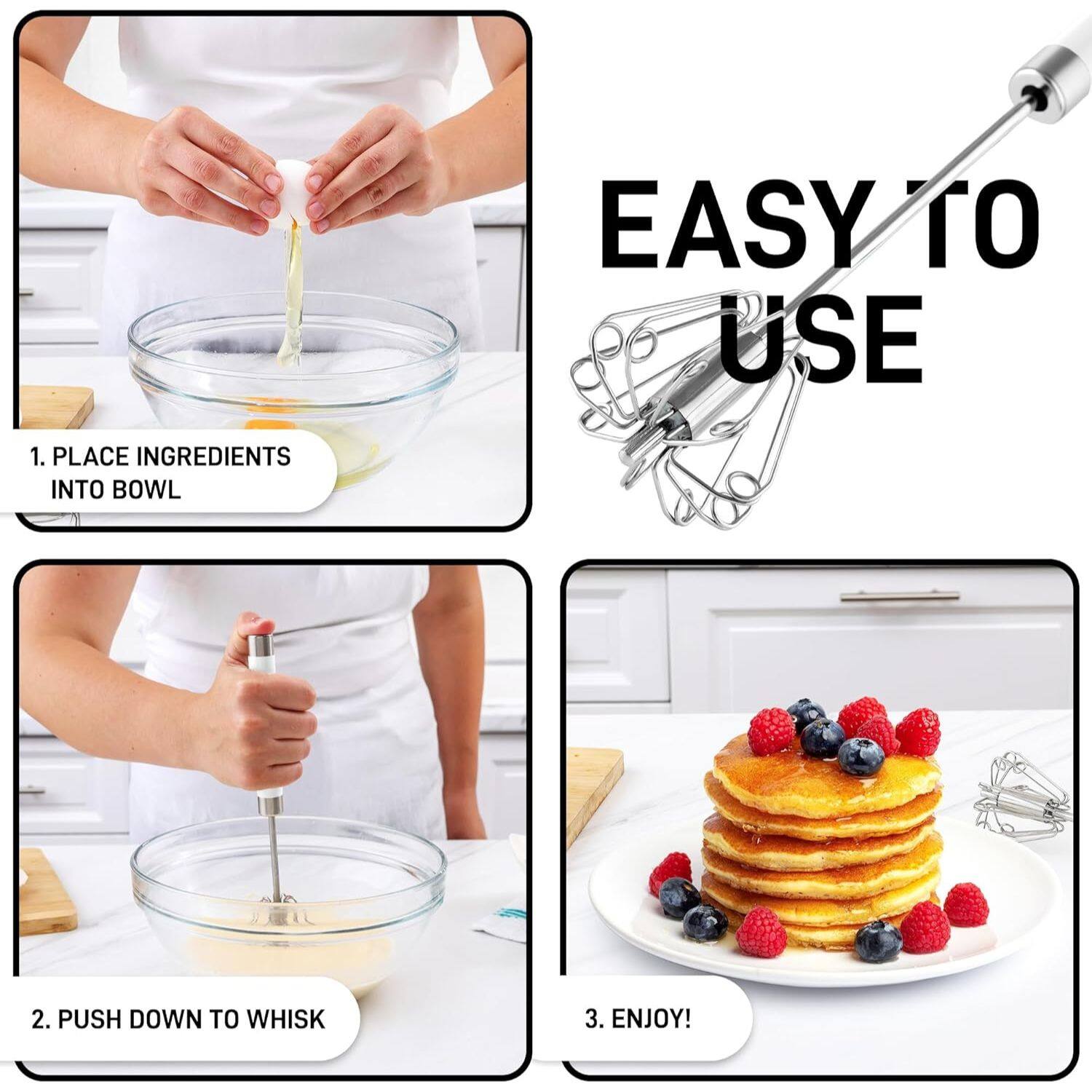 EASY TO USE
1. PLACE INGREDIENTS INTO BOWL
2. PUSH DOWN TO WHISK
3. ENJOY!