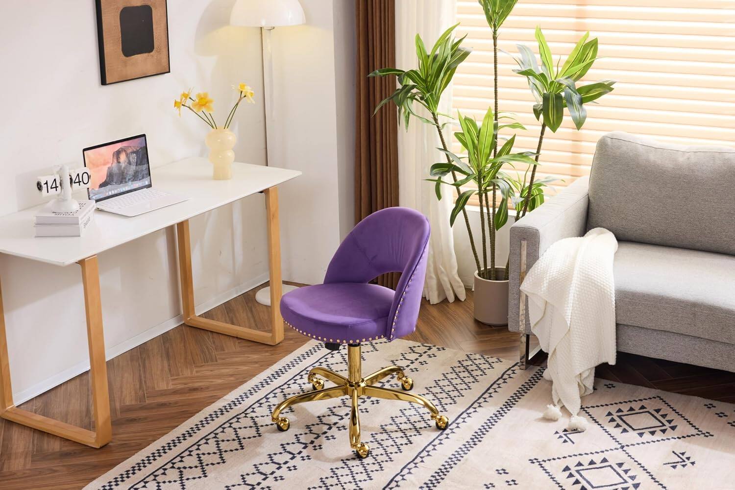 Alt View 8. Winado - Modern Velvet Cute Desk Chair with Wheels,Gold Base/Studs, Comfy Armless Swivel Vanity Task Nail Tech Chair for Bedroom - Violet Purple.