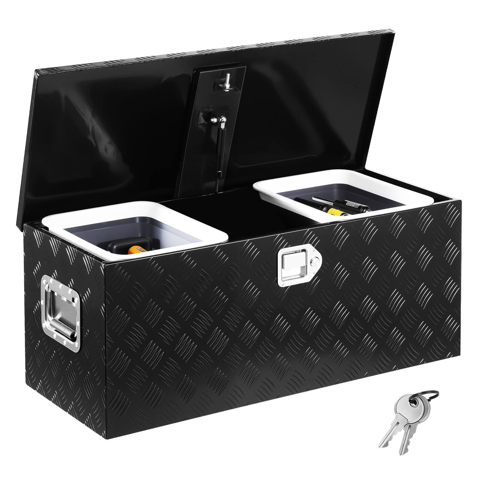 VEVOR - Heavy Duty Aluminum Truck Bed Tool Box, Stripes Plated Tool Box with Sliding Shelf, Lock & Keys, 35.4"x14.6"x14.6" - Black