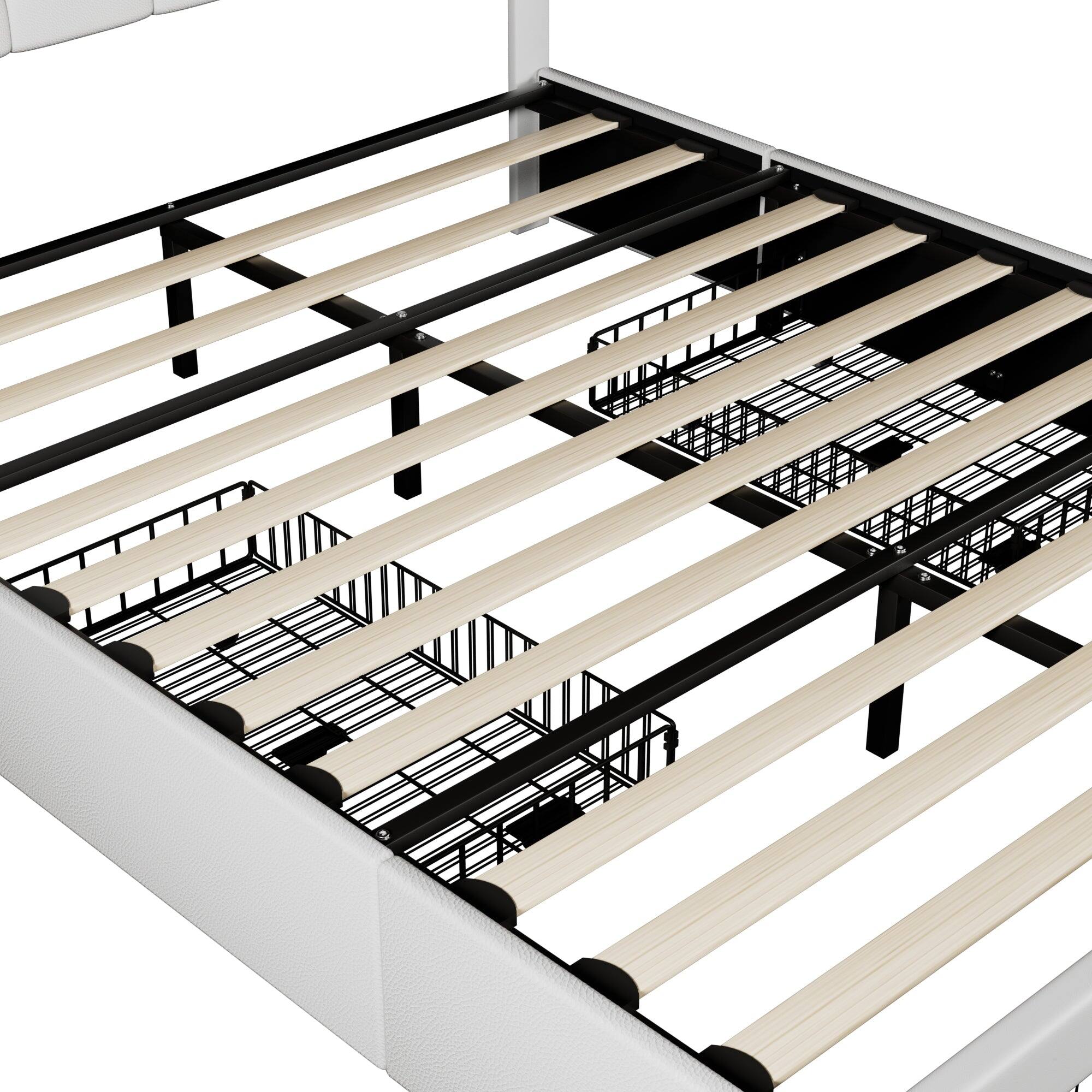 Left. Vecelo - Queen Bed Frame with Storage Drawers, Upholstered Faux Leather Platform Bed with Adjustable Headboard and Wood Slats - White.