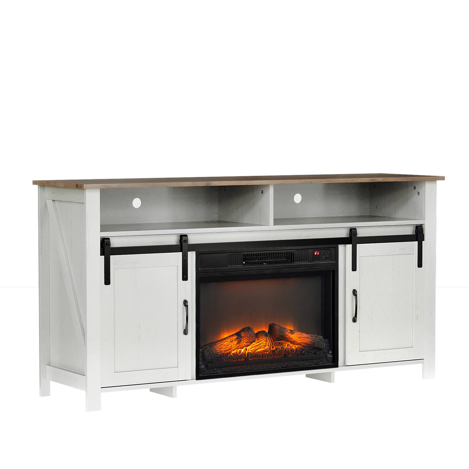 Alt View 6. Chateau Abodes - 58" Fireplace TV Stand with 23" Insert, Brown Barn Door Top & Sliding Track - White.