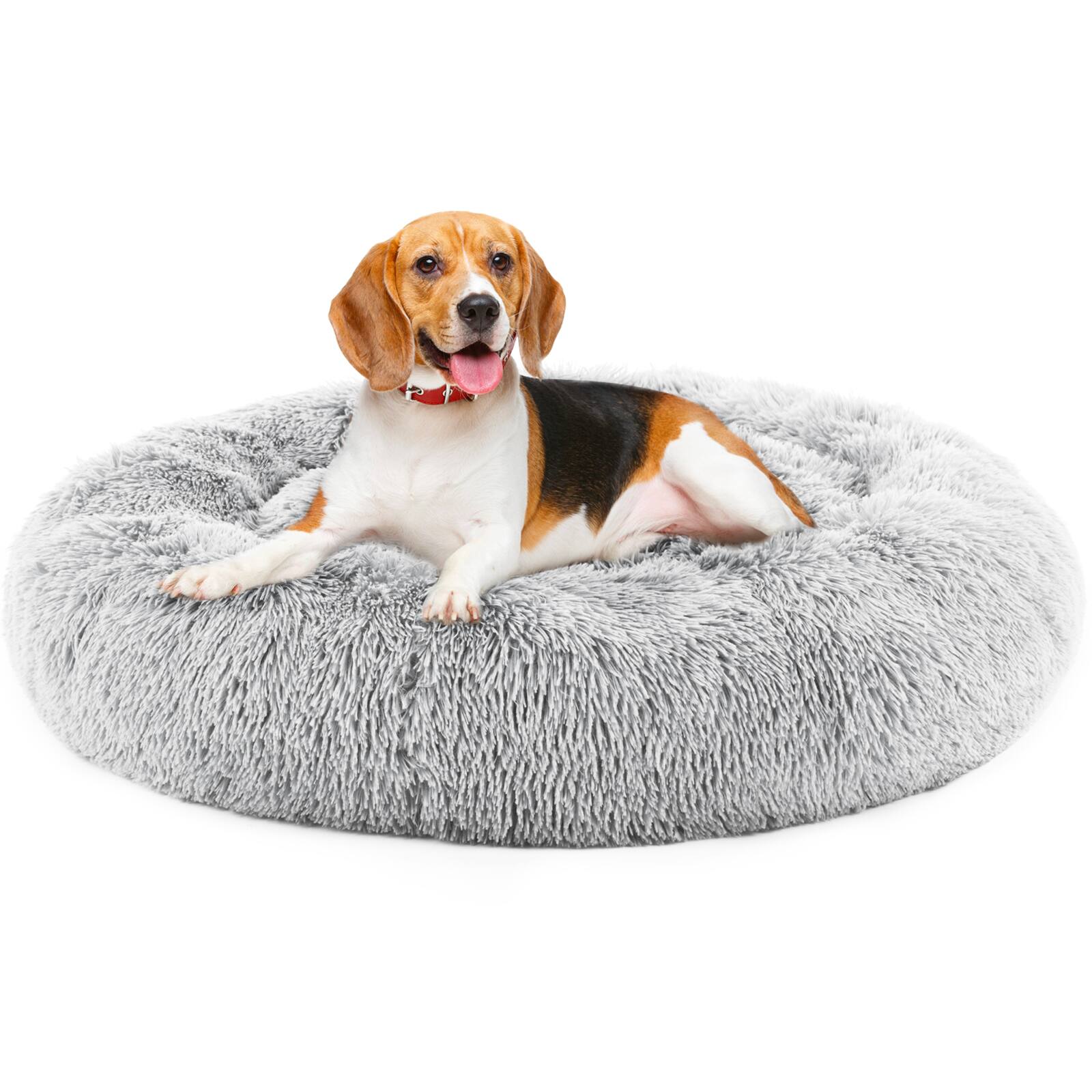 Back. AENKYO - Dog Bed Anti-Slip Round Fluffy Plush Faux Fur Pet Bed, Fits up to 25 lbs Pets - Gray.