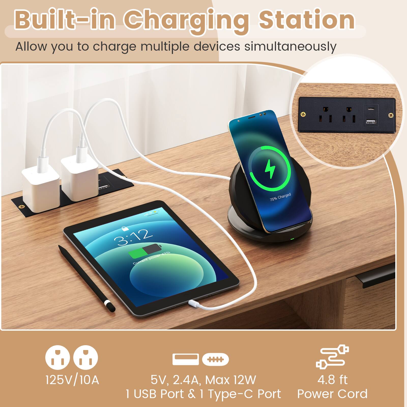Built-in Charging Station  
Allow you to charge multiple devices simultaneously

- 125V/10A
- 5V, 2.4A, Max 12W
- 1 USB Port & 1 Type-C Port
- 4.8 ft Power Cord

75% Charged  
3:12