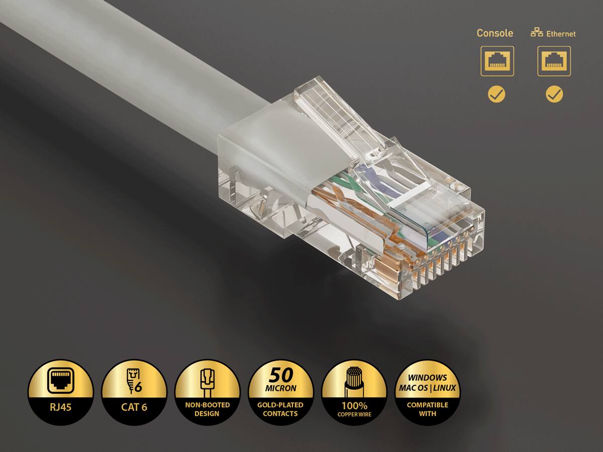 Console  
Ethernet  
RJ45  
CAT 6  
NON-BOOTED DESIGN  
50 MICRON GOLD-PLATED CONTACTS  
100% COPPER WIRE  
WINDOWS | MAC OS | LINUX COMPATIBLE WITH