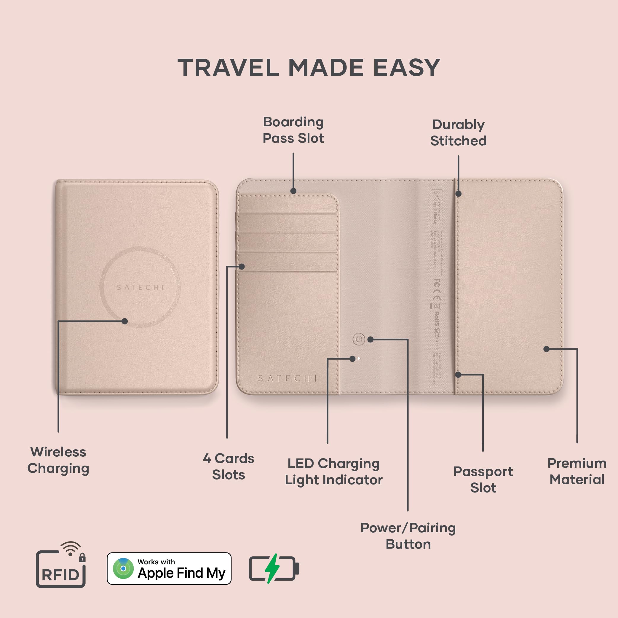 TRAVEL MADE EASY

- Boarding Pass Slot
- Durably Stitched
- Wireless Charging
- 4 Cards Slots
- LED Charging Light Indicator
- Passport Slot
- Power/Pairing Button
- Premium Material

Works with Apple Find My

RFID