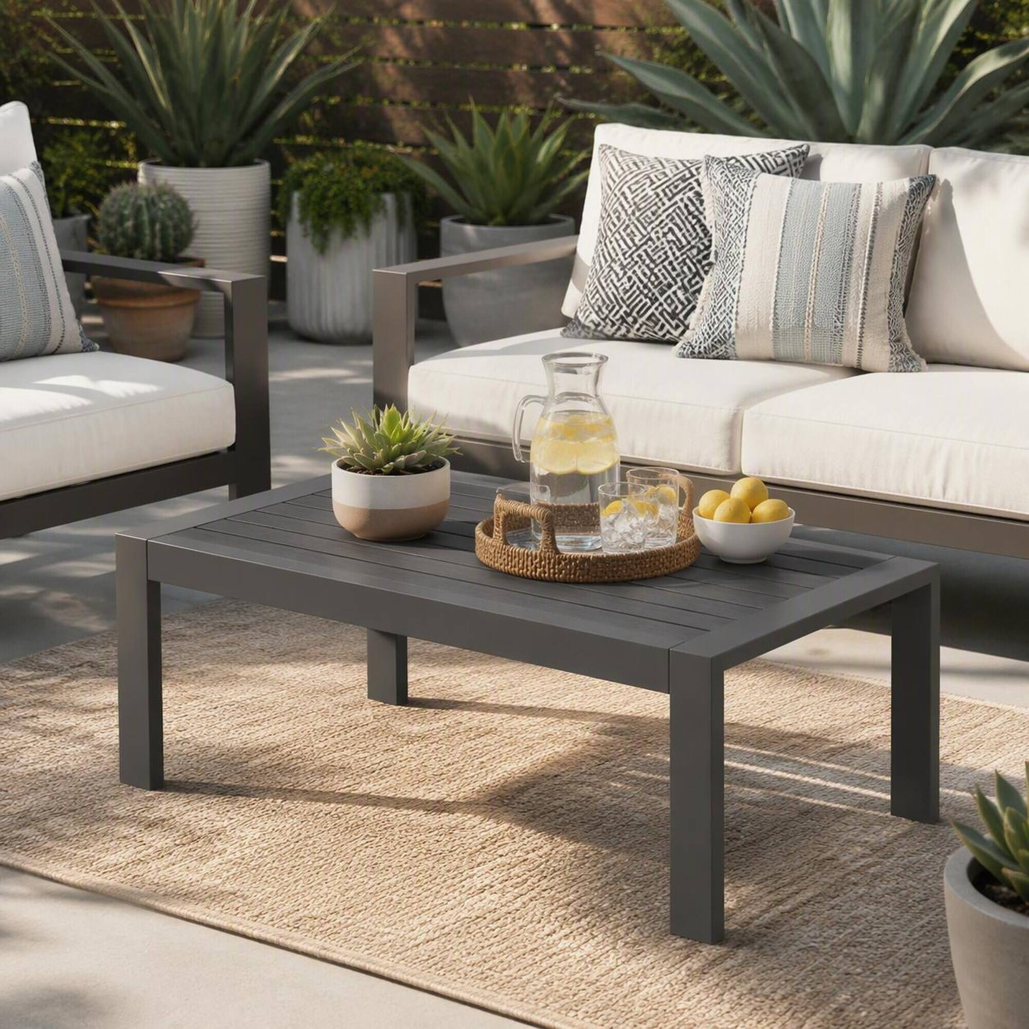 Left. RYHNUYNE - 43" Rectangular Patio Coffee Table,Modern Gray Outdoor Furniture for Deck Balcony Poolside and Garden - Gray.