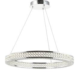 Jonathan Y - Benton 24.7" Round Integrated LED Crystal/Metal Pendant, Chrome/Clear - Clear/Chrome