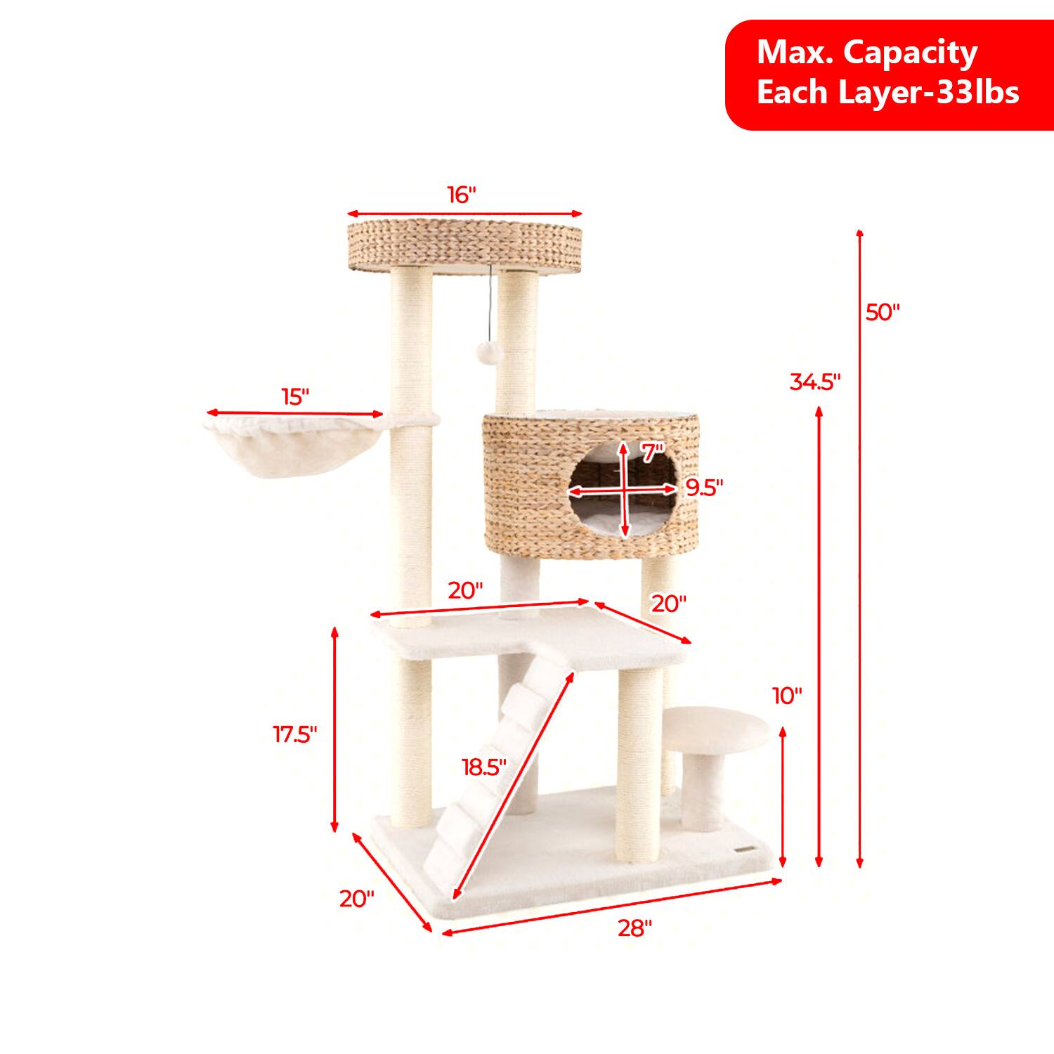 Max. Capacity Each Layer-33lbs  
16" 50" 15" 34.5" 7" 9.5" 20" 20" 17.5" 18.5" 20" 28"