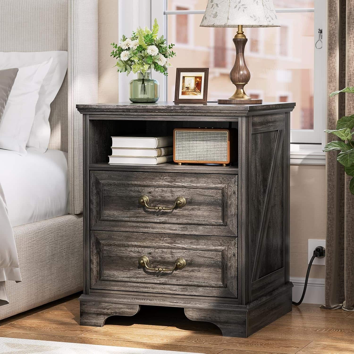 Aheaplus - Farmhouse Rustic Charging Nightstand: 2 USB Ports, 3 AC Outlets, 2 Drawers + Open Shelf for Bedroom/Living Room - Gray Oak
