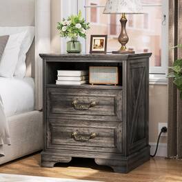 Aheaplus - Farmhouse Rustic Charging Nightstand: 2 USB Ports, 3 AC Outlets, 2 Drawers + Open Shelf for Bedroom/Living Room - Gray Oak