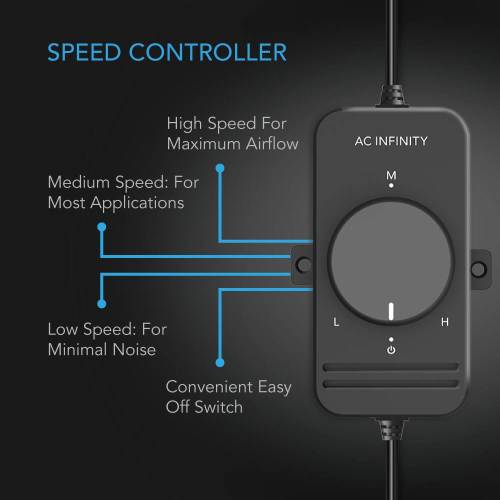 SPEED CONTROLLER

High Speed For Maximum Airflow

AC INFINITY

Medium Speed: For Most Applications

Low Speed: For Minimal Noise

Convenient Easy Off Switch