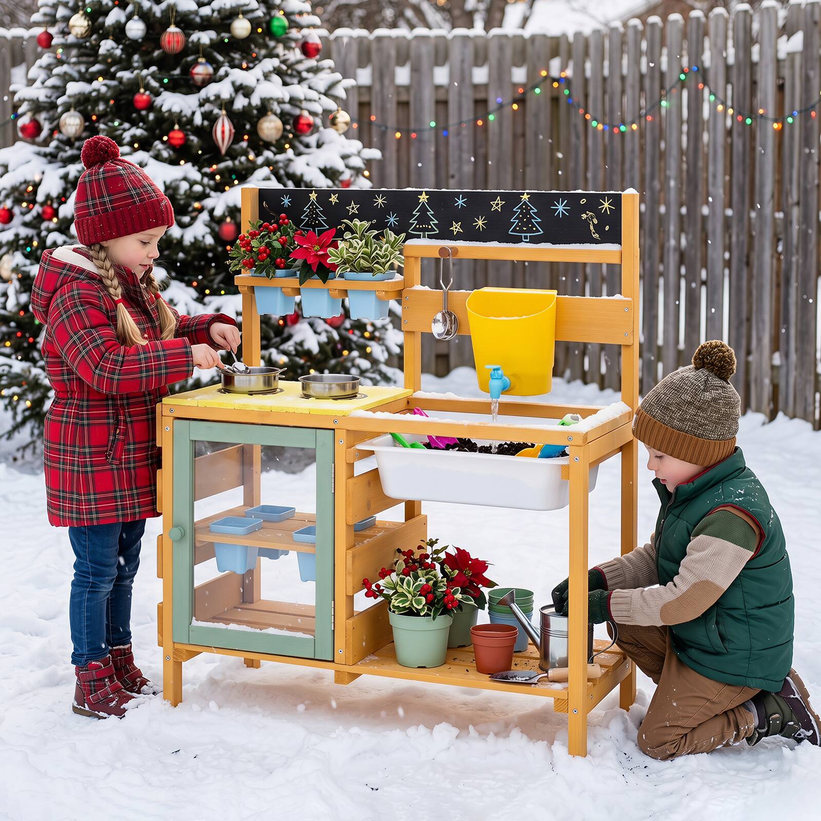 Alt View 5. Gymax - Gymax Wooden Mud Kitchen for ToddlersOutdoor Play Kitchen w/Faucet & Water Tank Sink - Yellow.