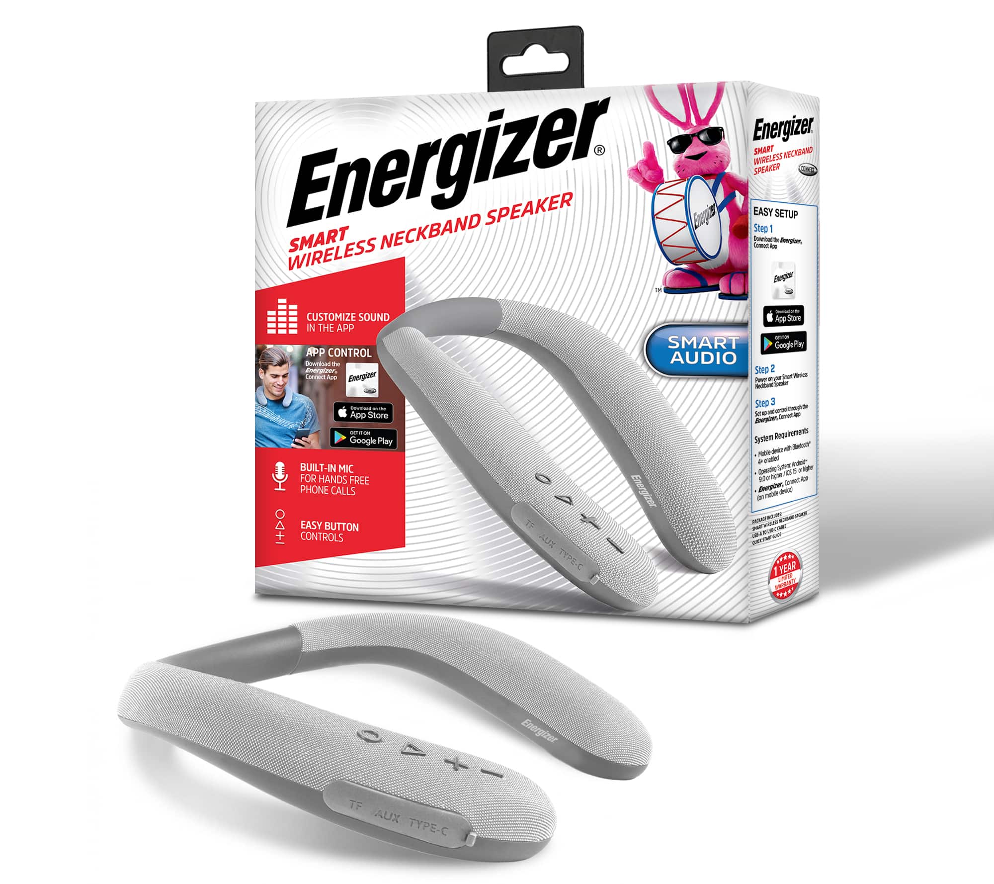 Energizer - Smart Wireless Neckband Speaker Wearable Bluetooth Neck Speaker with In App Control, Adjustable EQ, Microphone - Gray