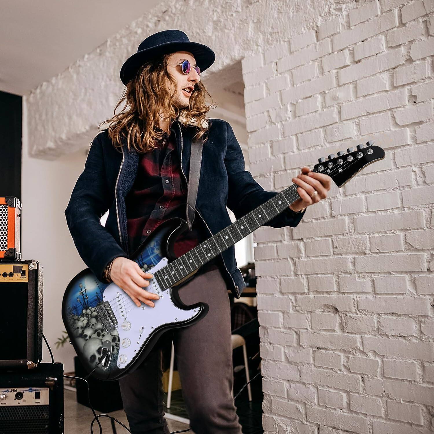 Alt View 2. Winado - 39 Inch Electric Guitar, Full-Size Beginner Solid Body Guitar Kit with Gig Bag Strap Tremolo Bar Cable Picks - Blue & White.