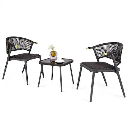 Front. Costway - 3 PCS Patio Rattan Furniture Set with Tempered Glass Tabletop Wicker Seat - Mix Brown + Black.
