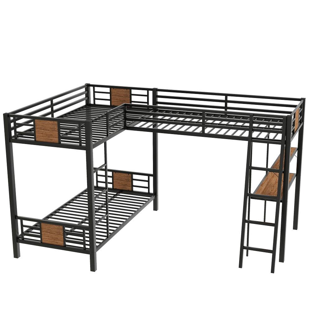 Alt View 9. Loheer - Loheer L-Shaped Twin Over Twin Bunk Bed with Loft Bed Desk and Shelves Black Metal - Black.
