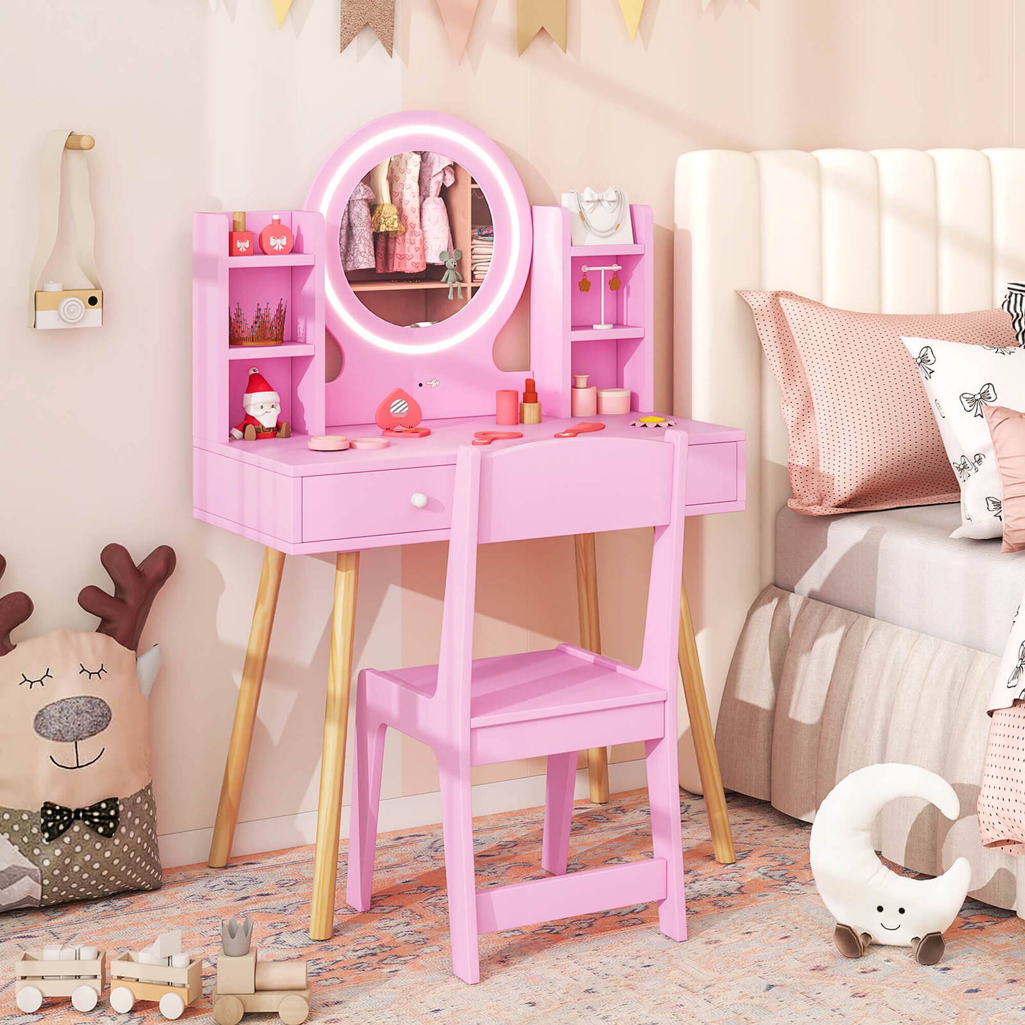 Alt View 1. Costway - Costway Kids Vanity Set Princess Vanity Desk Set with 2-Color LED Lighted Acrylic Mirror - Pink.