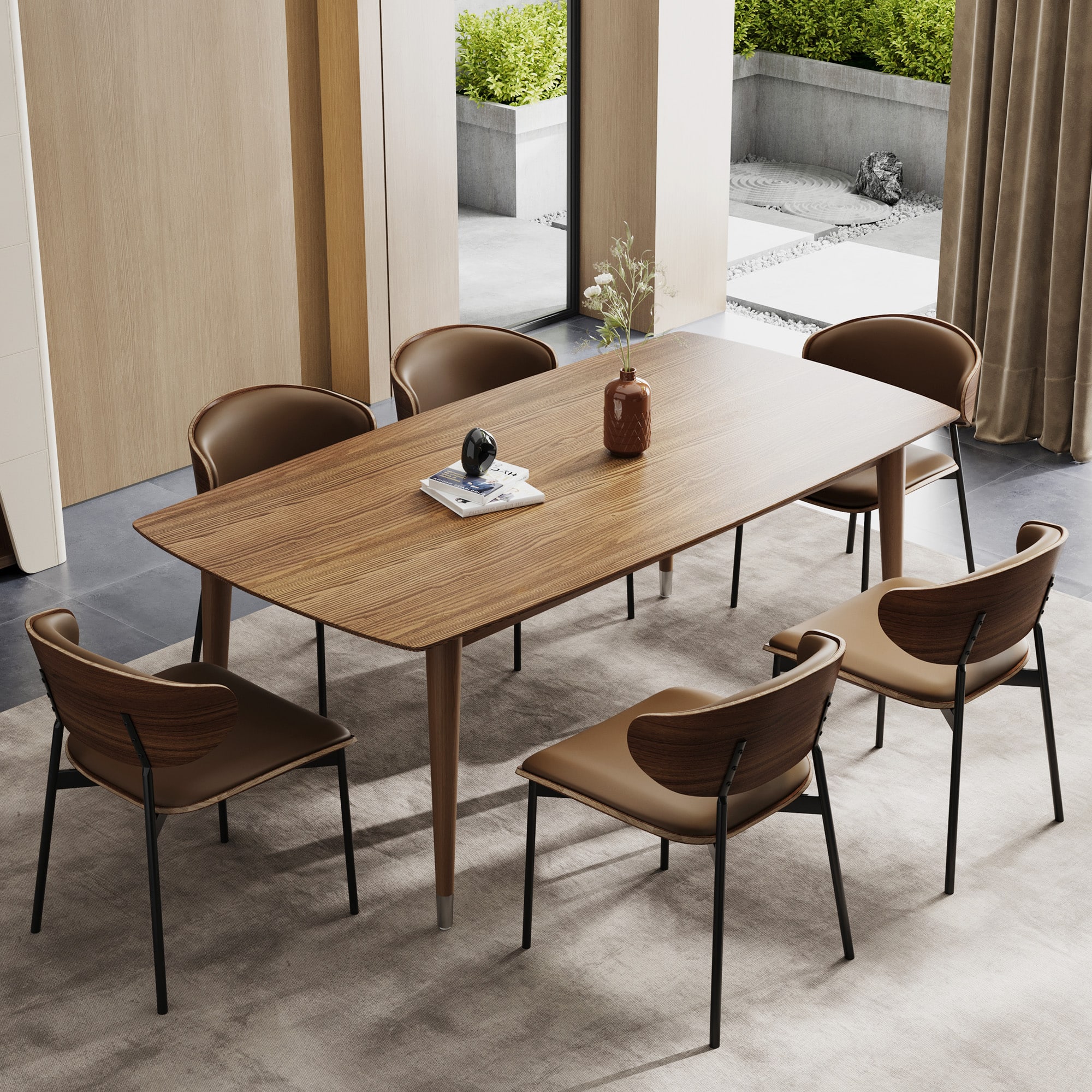 luck idea - 62.9" Dining Table & Desk with Wood Grain Top and Solid Wood Legs - Walnut Color