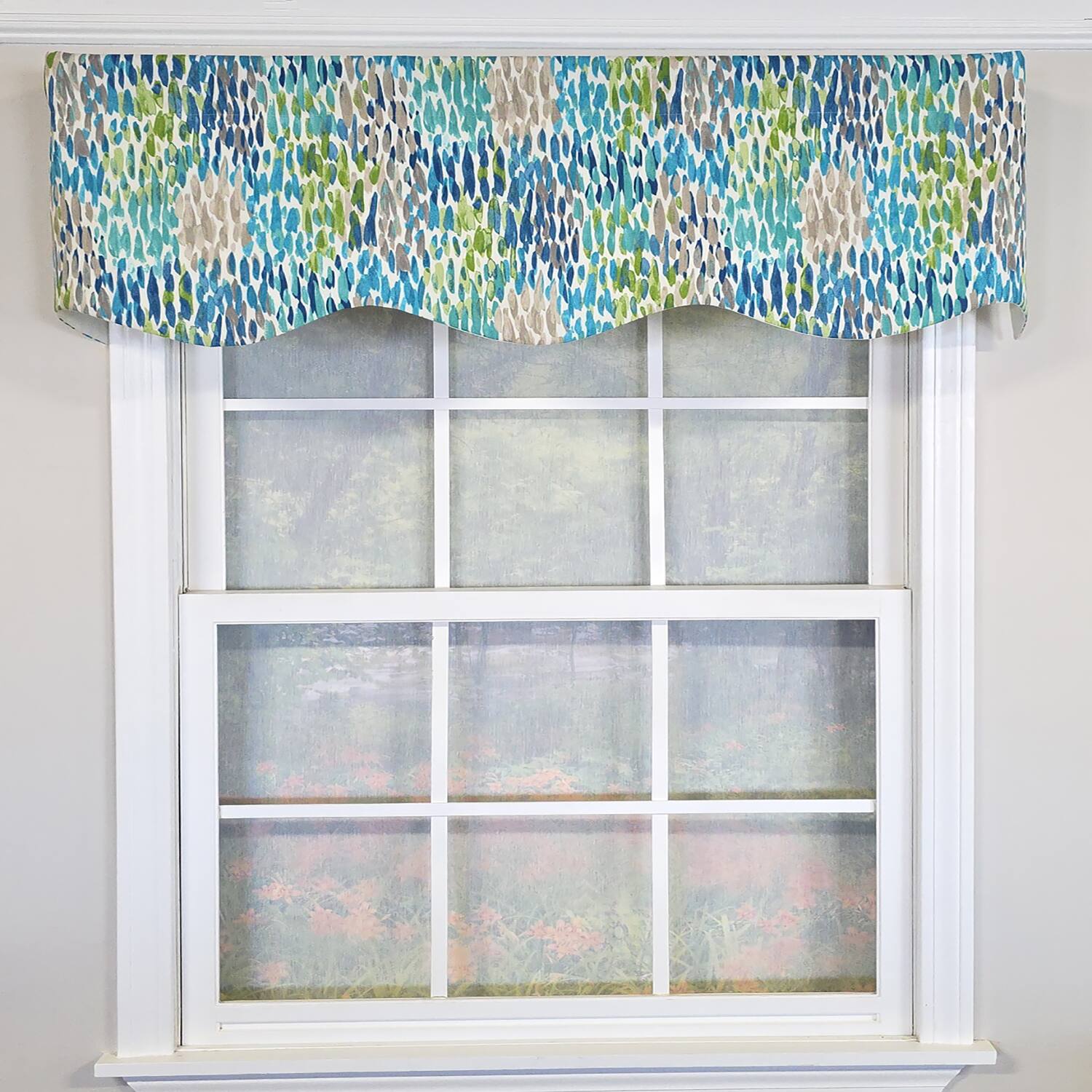 Angle. RLF Home - RLF Home 100% Cotton Dazzle Provance With Poly/Cotton Ivory lining Rod Pocket Valance 50" x 17" Blue - Blue.